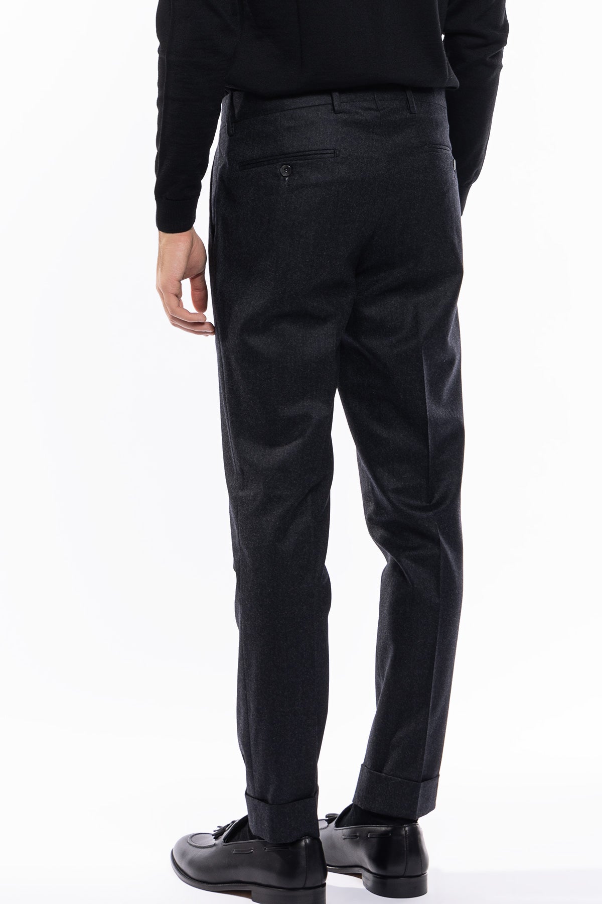 Pantalone uomo grigio scuro vita alta tasca america in lana flanella con pinces e fibbie laterali Vitale Barberis Canonico