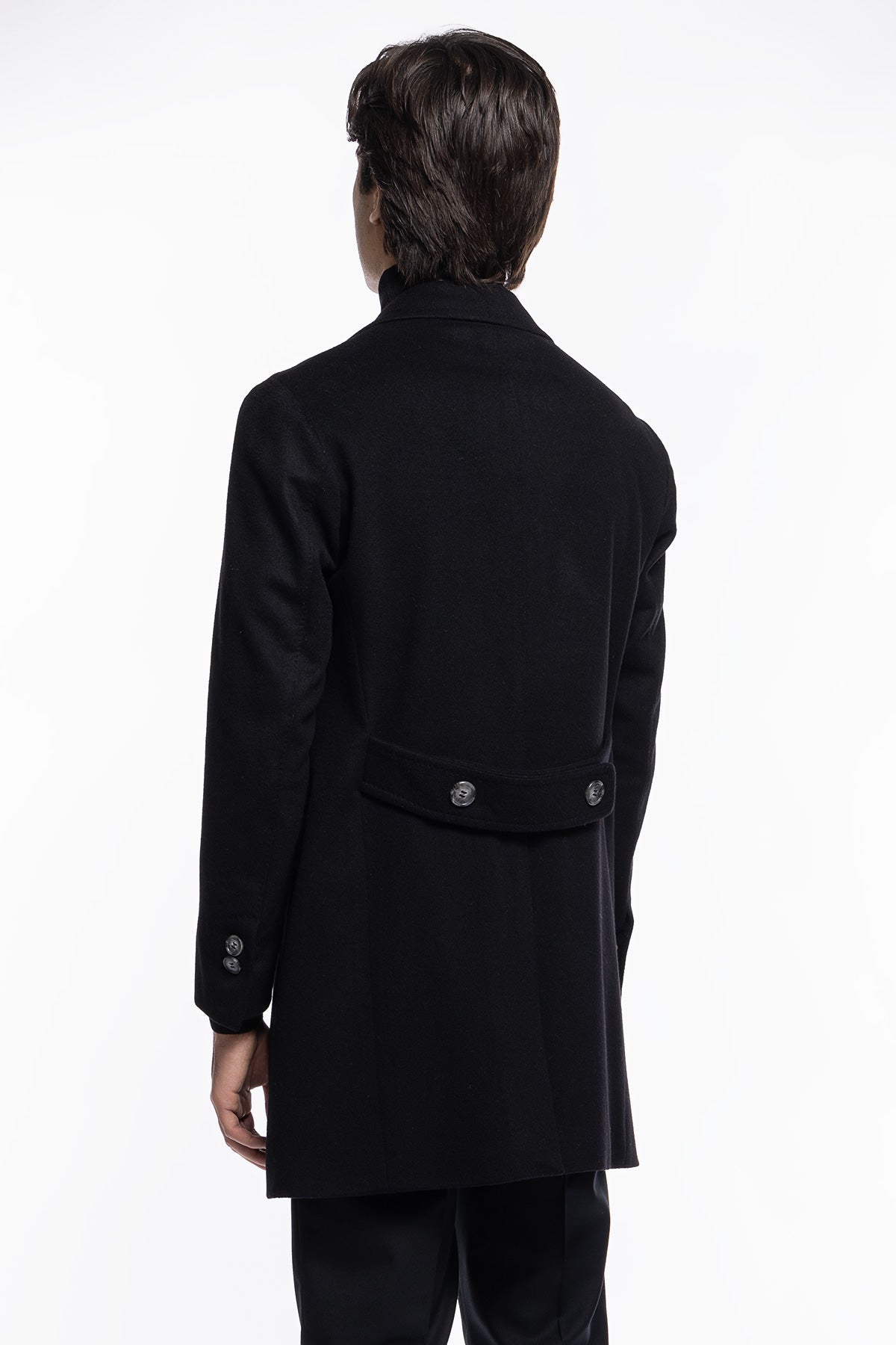 Cappotto uomo nero monopetto in lana e cashmere Bristol Tessuti Napoli rever 13cm con martingala