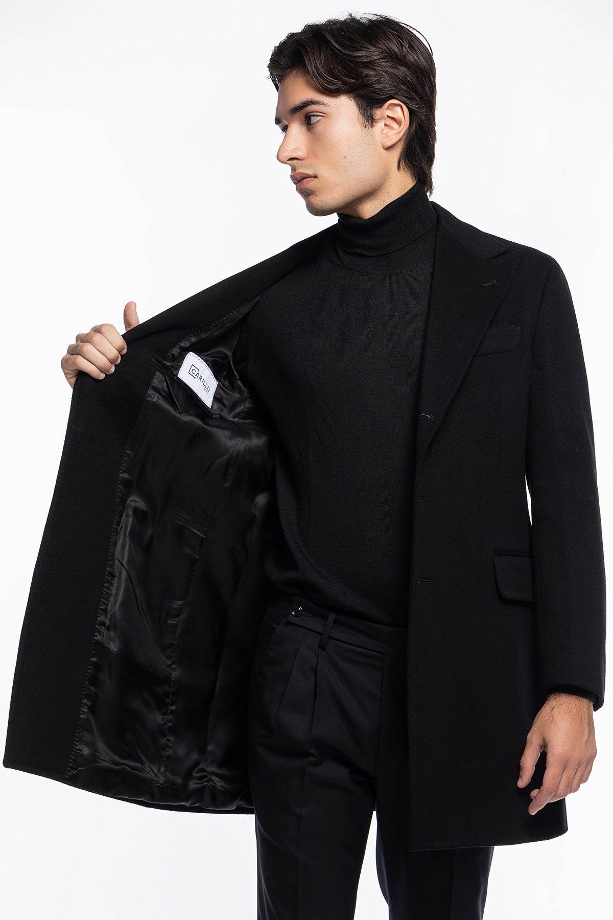 Cappotto uomo nero monopetto in lana e cashmere Bristol Tessuti Napoli rever 13cm con martingala