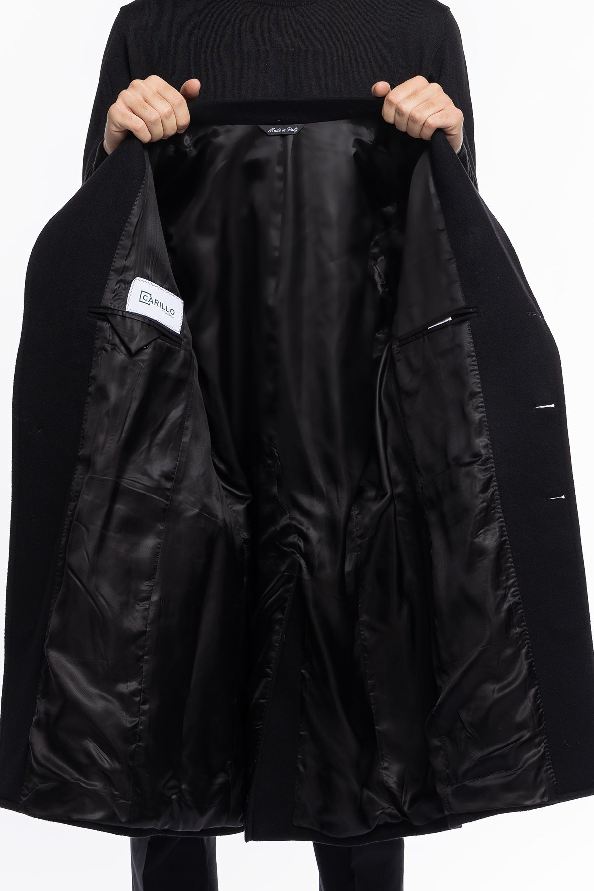 Cappotto uomo nero monopetto in lana e cashmere Bristol Tessuti Napoli rever 13cm con martingala