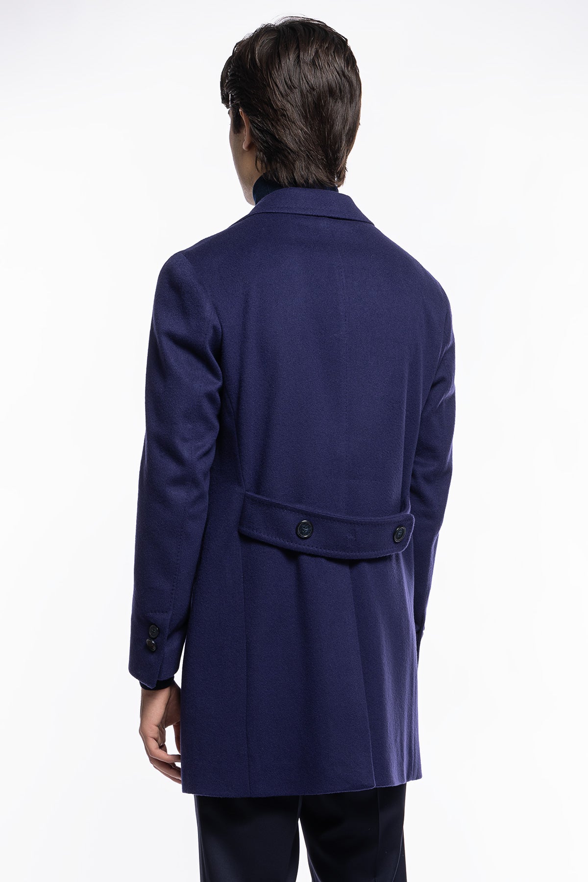 Cappotto uomo royal blu monopetto in lana e cashmere Bristol Tessuti Napoli rever 13cm con martingala
