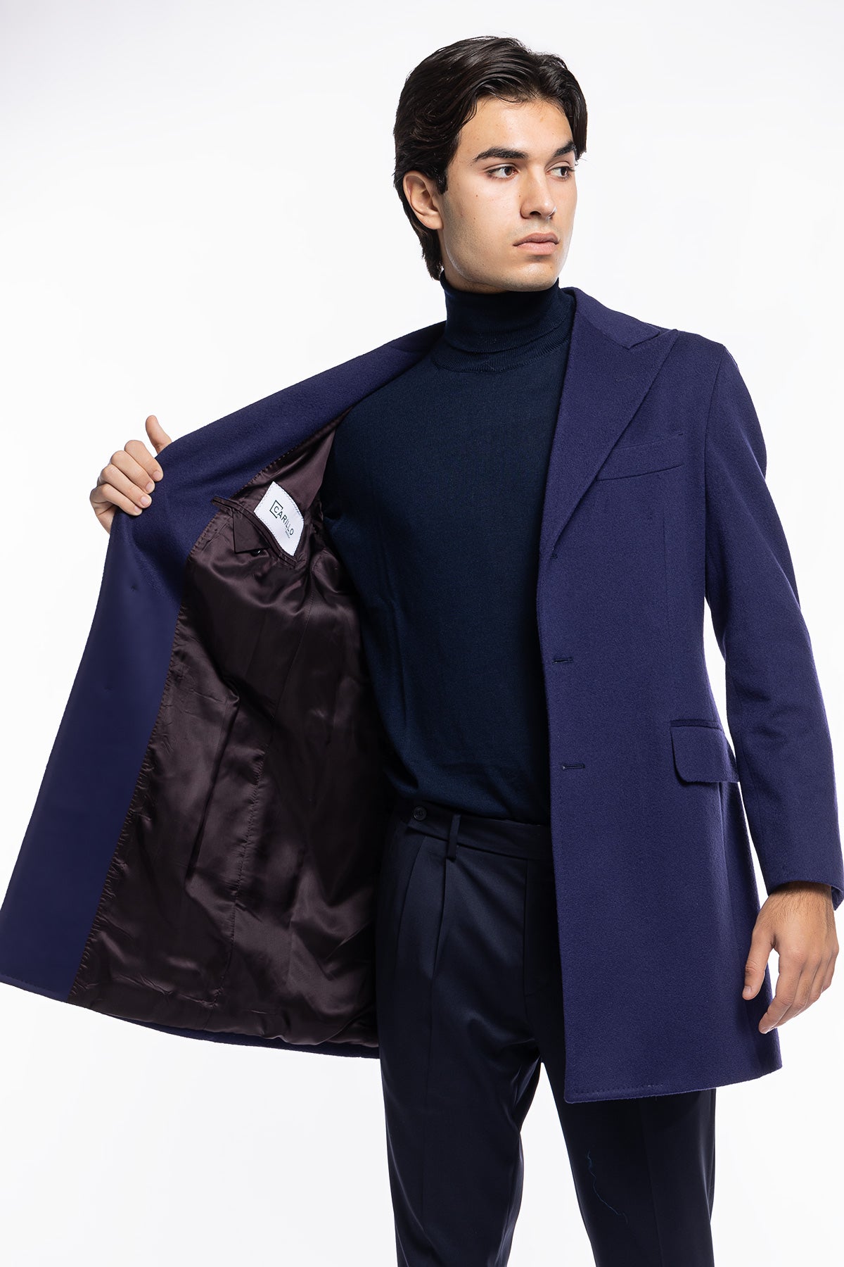 Cappotto uomo royal blu monopetto in lana e cashmere Bristol Tessuti Napoli rever 13cm con martingala