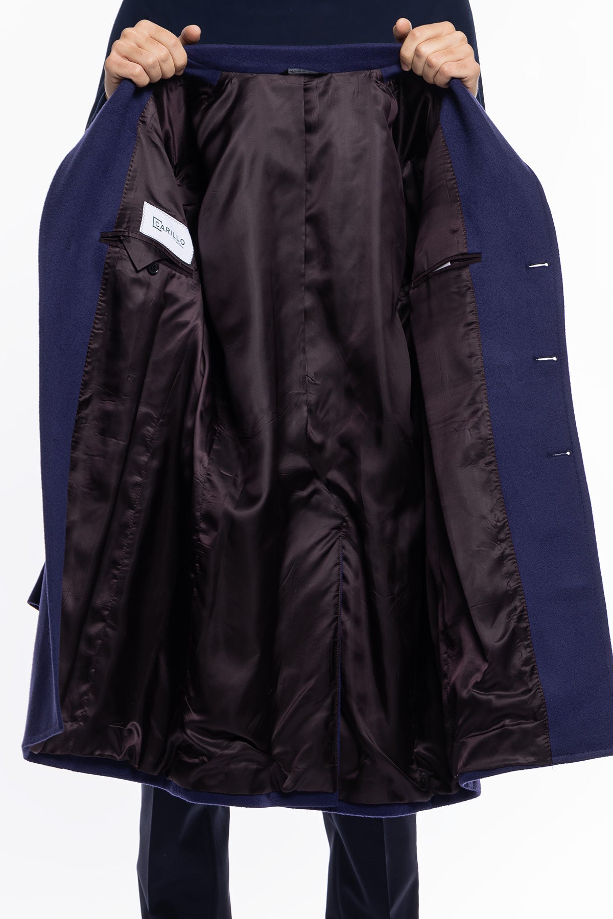 Cappotto uomo royal blu monopetto in lana e cashmere Bristol Tessuti Napoli rever 13cm con martingala