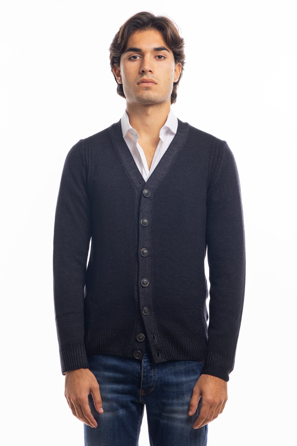 Cardigan da uomo nero lana merinos 100% effetto stone wash maniche lunghe