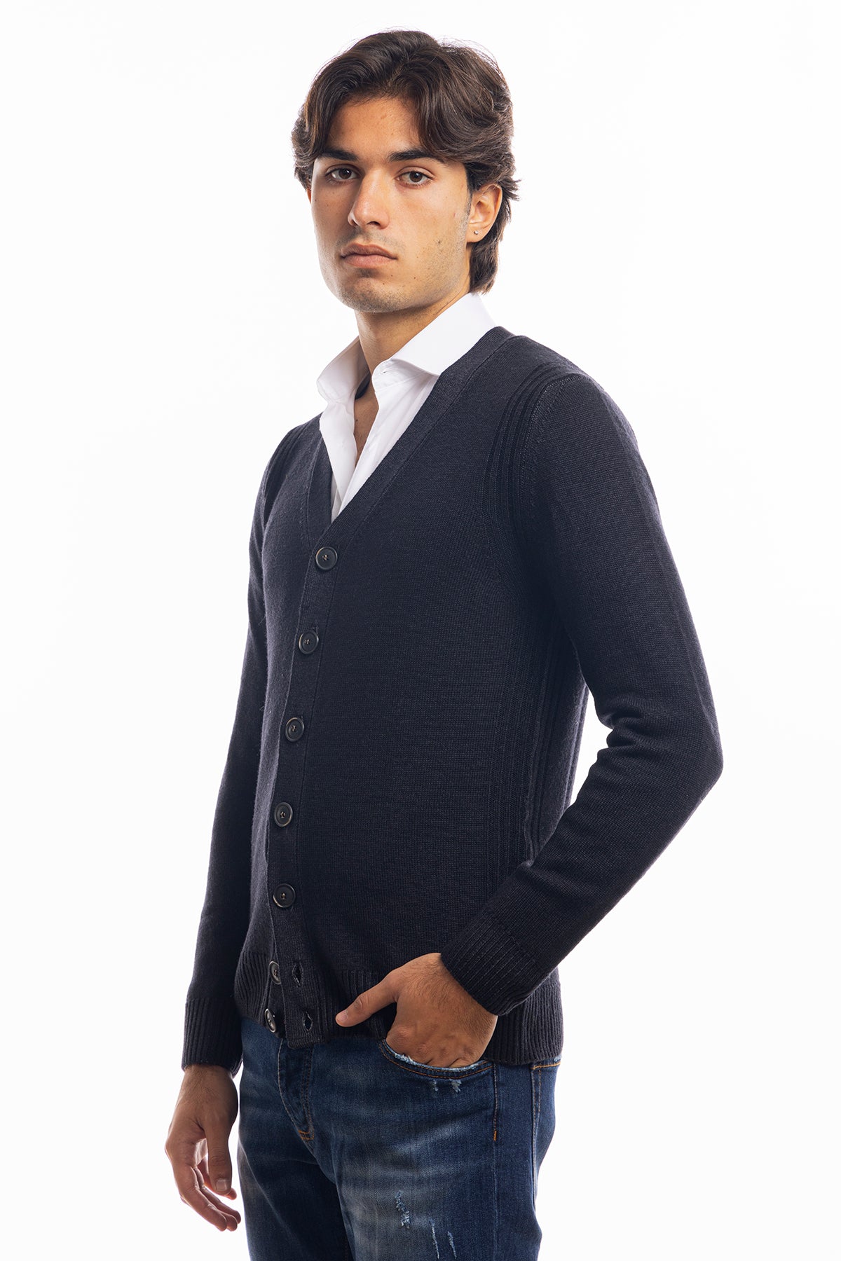 Cardigan da uomo nero lana merinos 100% effetto stone wash maniche lunghe