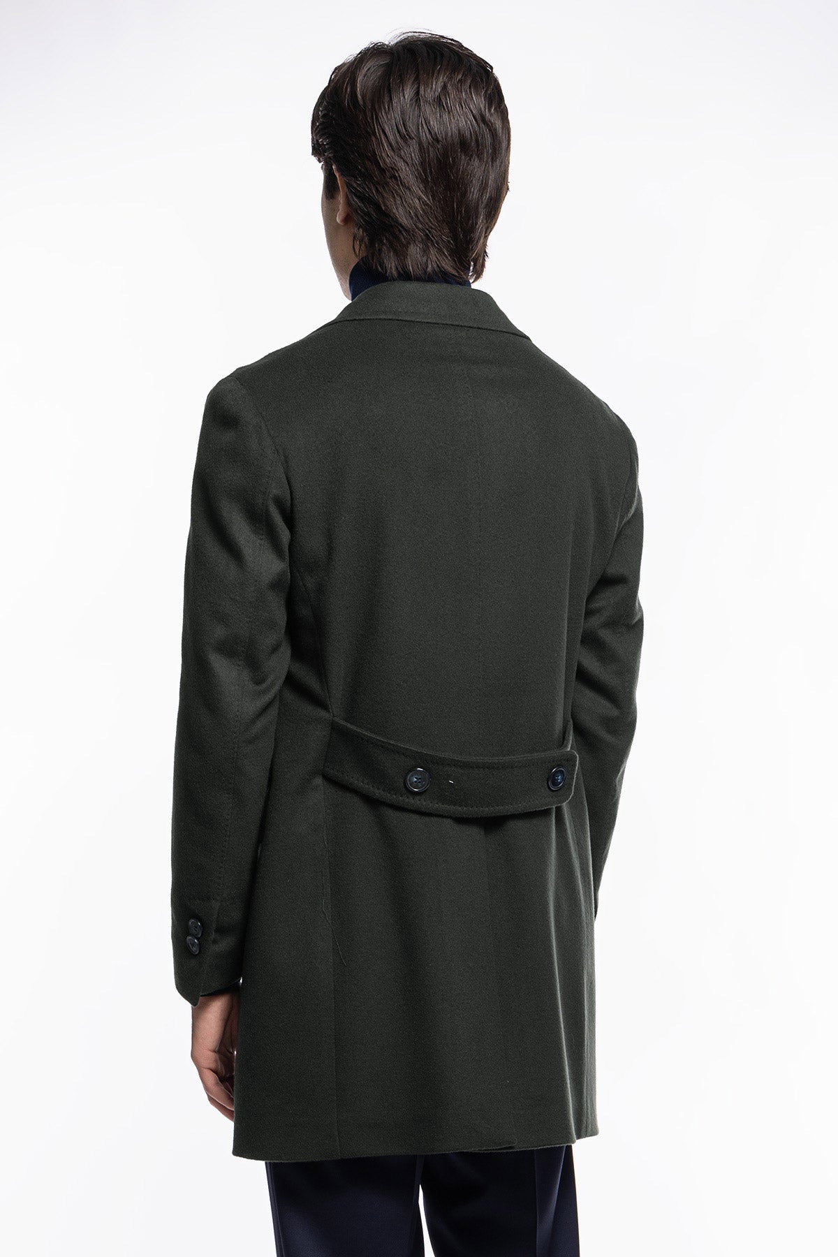 Cappotto uomo verde militare monopetto in lana e cashmere Bristol Tessuti Napoli rever 13cm con martingala
