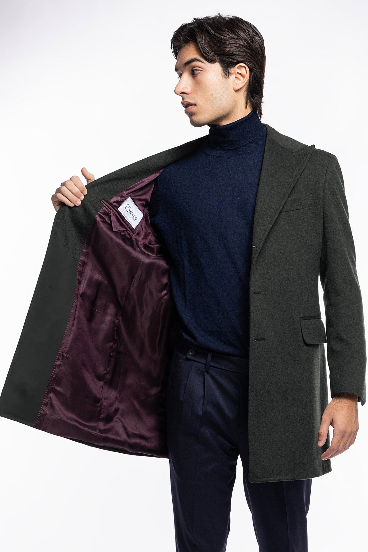 Cappotto uomo verde militare monopetto in lana e cashmere Bristol Tessuti Napoli rever 13cm con martingala