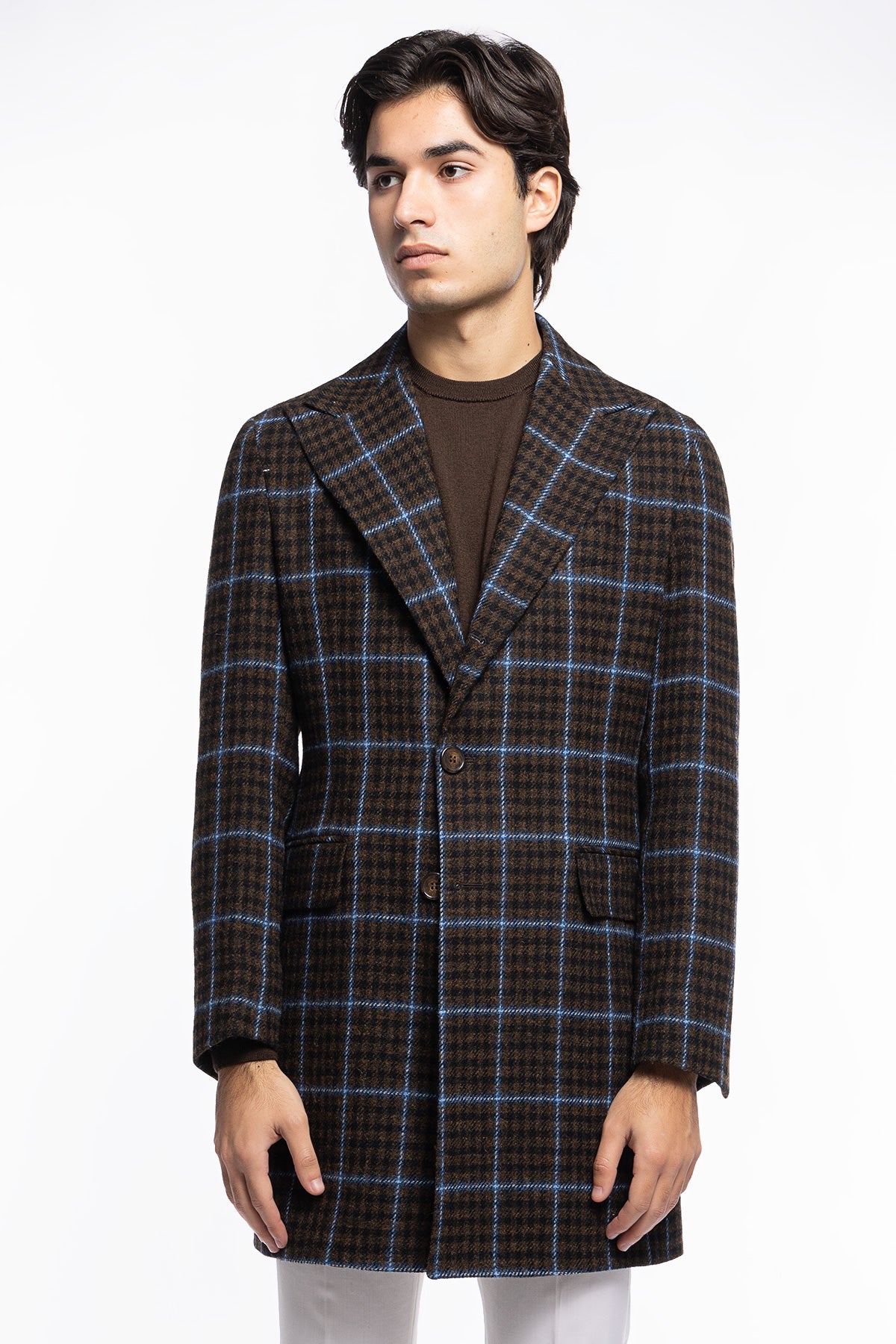 Cappotto uomo monopetto marrone fantasia pied de poule celeste in pura lana Holland &amp; Sherry