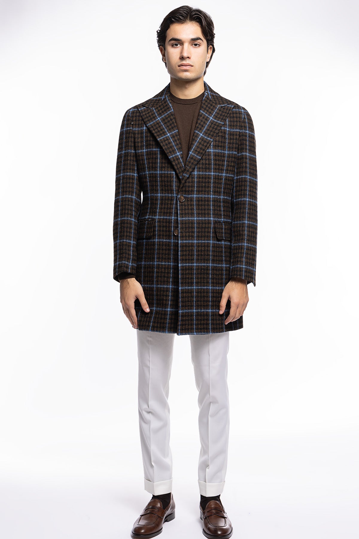 Cappotto uomo monopetto marrone fantasia pied de poule celeste in pura lana Holland &amp; Sherry