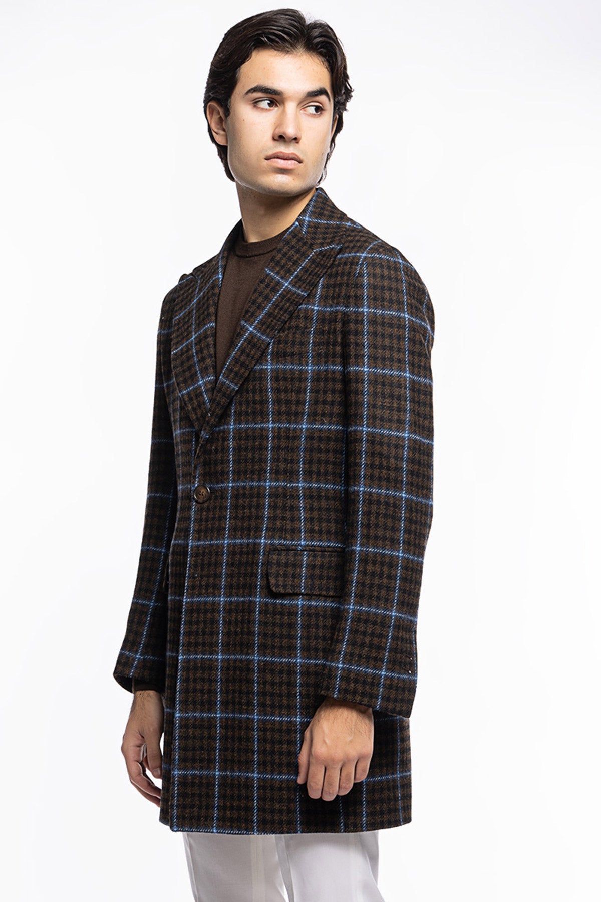Cappotto uomo monopetto marrone fantasia pied de poule celeste in pura lana Holland & Sherry