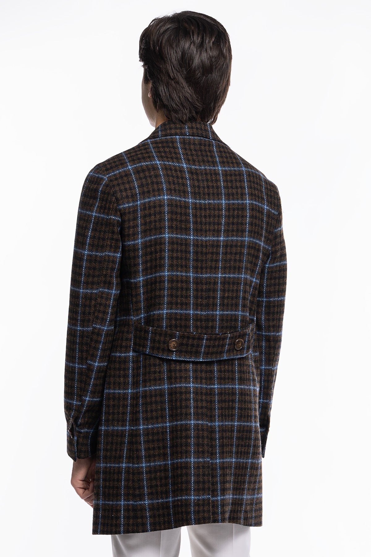 Cappotto uomo monopetto marrone fantasia pied de poule celeste in pura lana Holland & Sherry