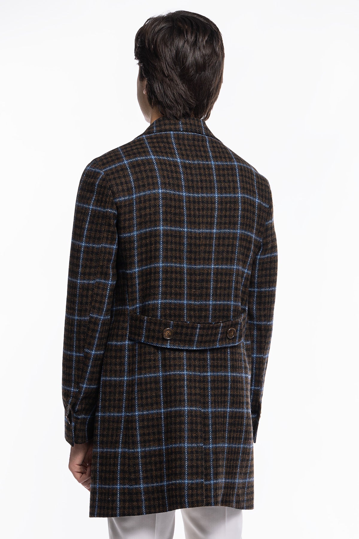 Cappotto uomo monopetto marrone fantasia pied de poule celeste in pura lana Holland & Sherry