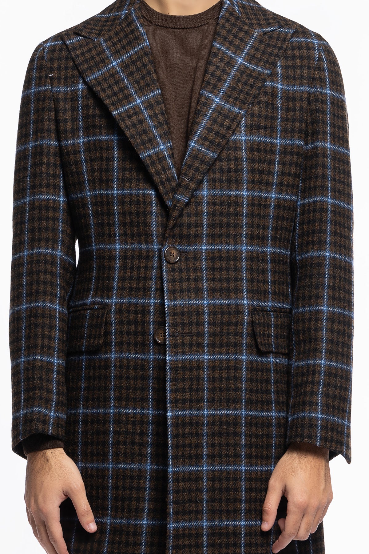 Cappotto uomo monopetto marrone fantasia pied de poule celeste in pura lana Holland & Sherry