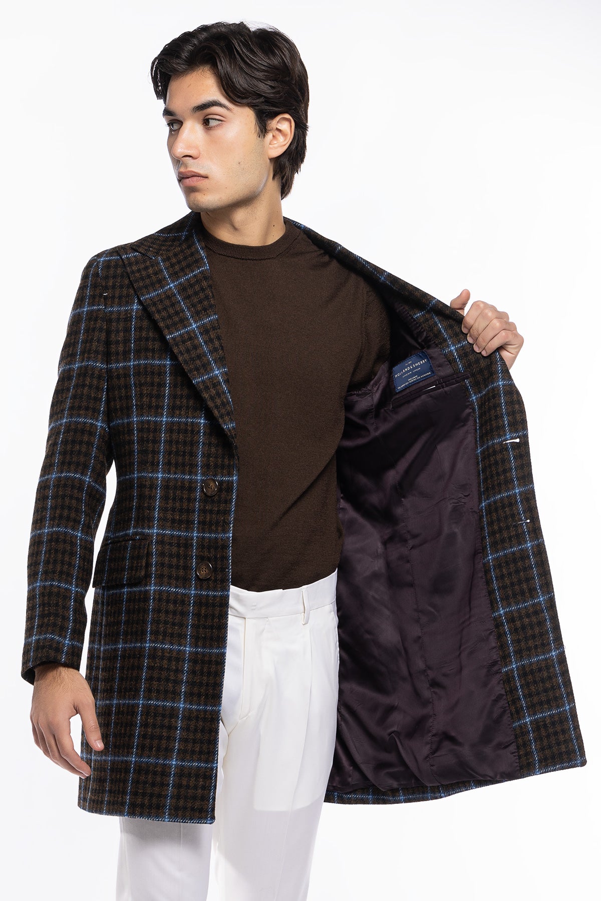 Cappotto uomo monopetto marrone fantasia pied de poule celeste in pura lana Holland & Sherry