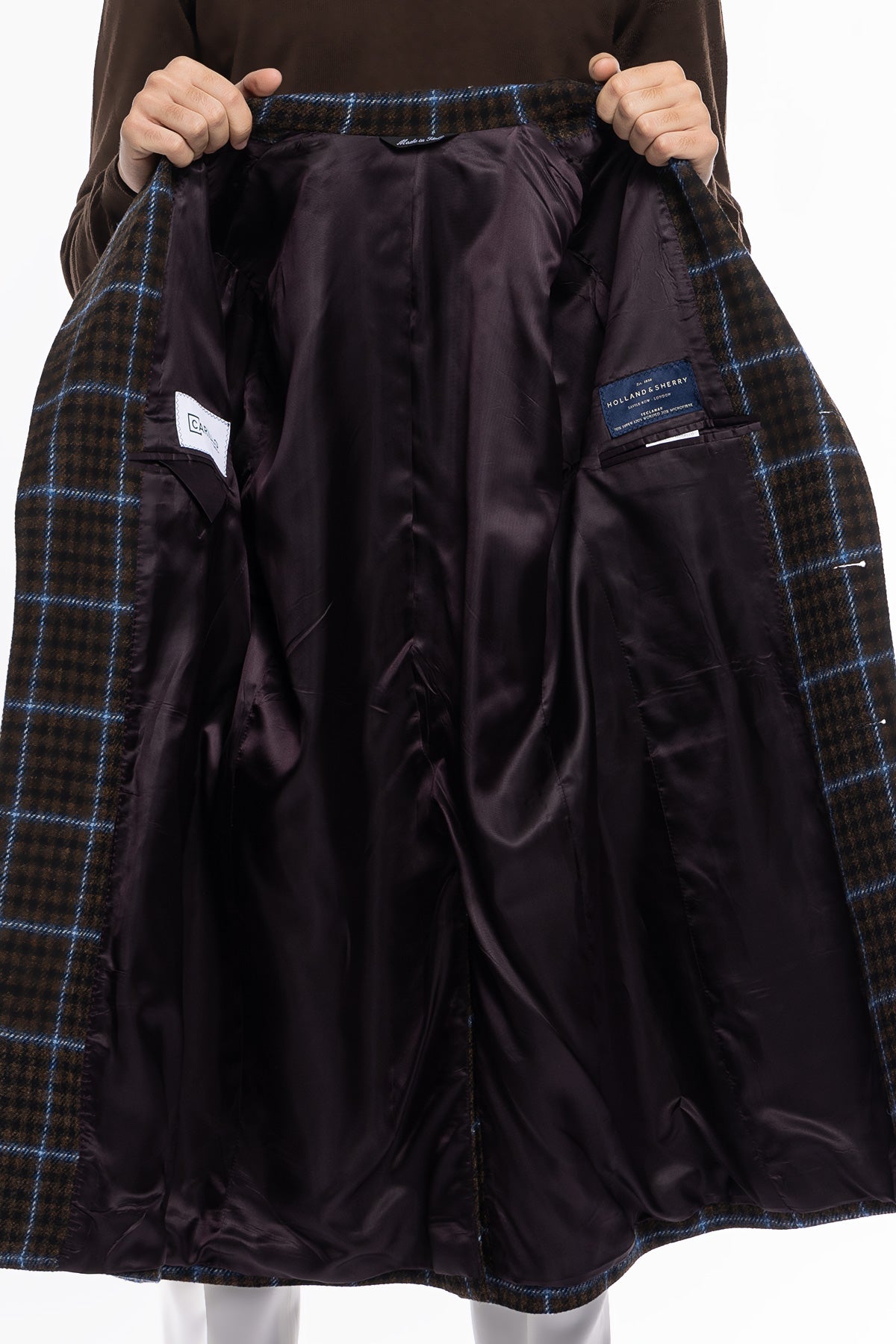 Cappotto uomo monopetto marrone fantasia pied de poule celeste in pura lana Holland & Sherry