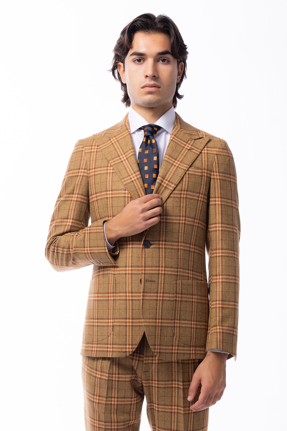 Giacca uomo monopetto senape a quadri in lana e cashmere Rever a lancia e tasche a toppe Vitale Barberis Canonico