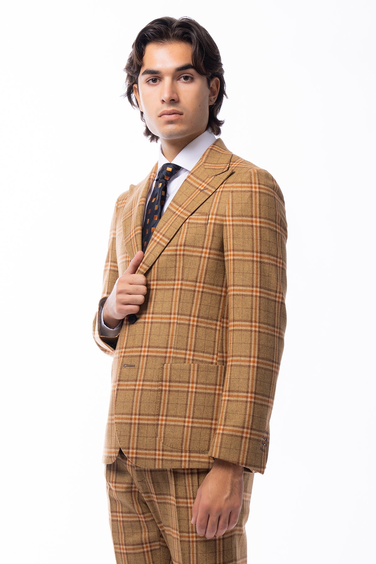 Giacca uomo monopetto senape a quadri in lana e cashmere Rever a lancia e tasche a toppe Vitale Barberis Canonico