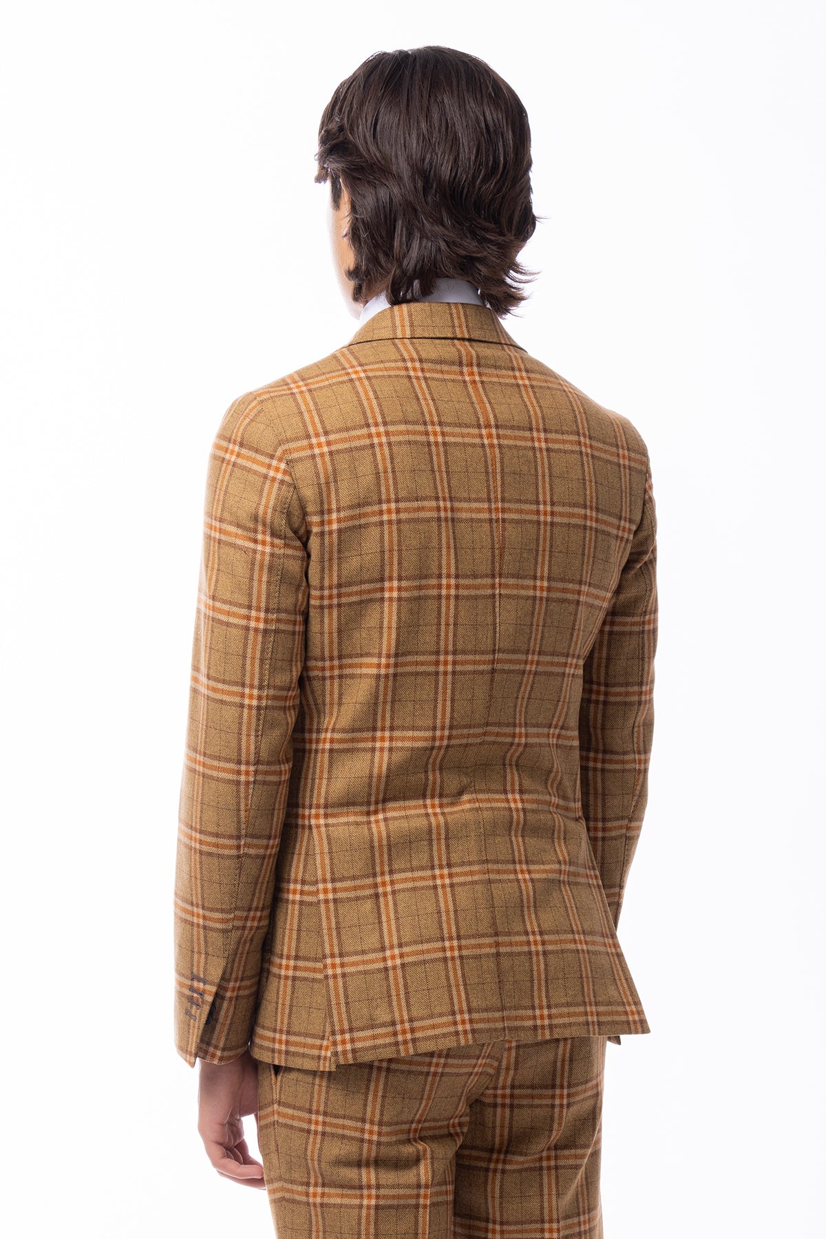 Giacca uomo monopetto senape a quadri in lana e cashmere Rever a lancia e tasche a toppe Vitale Barberis Canonico