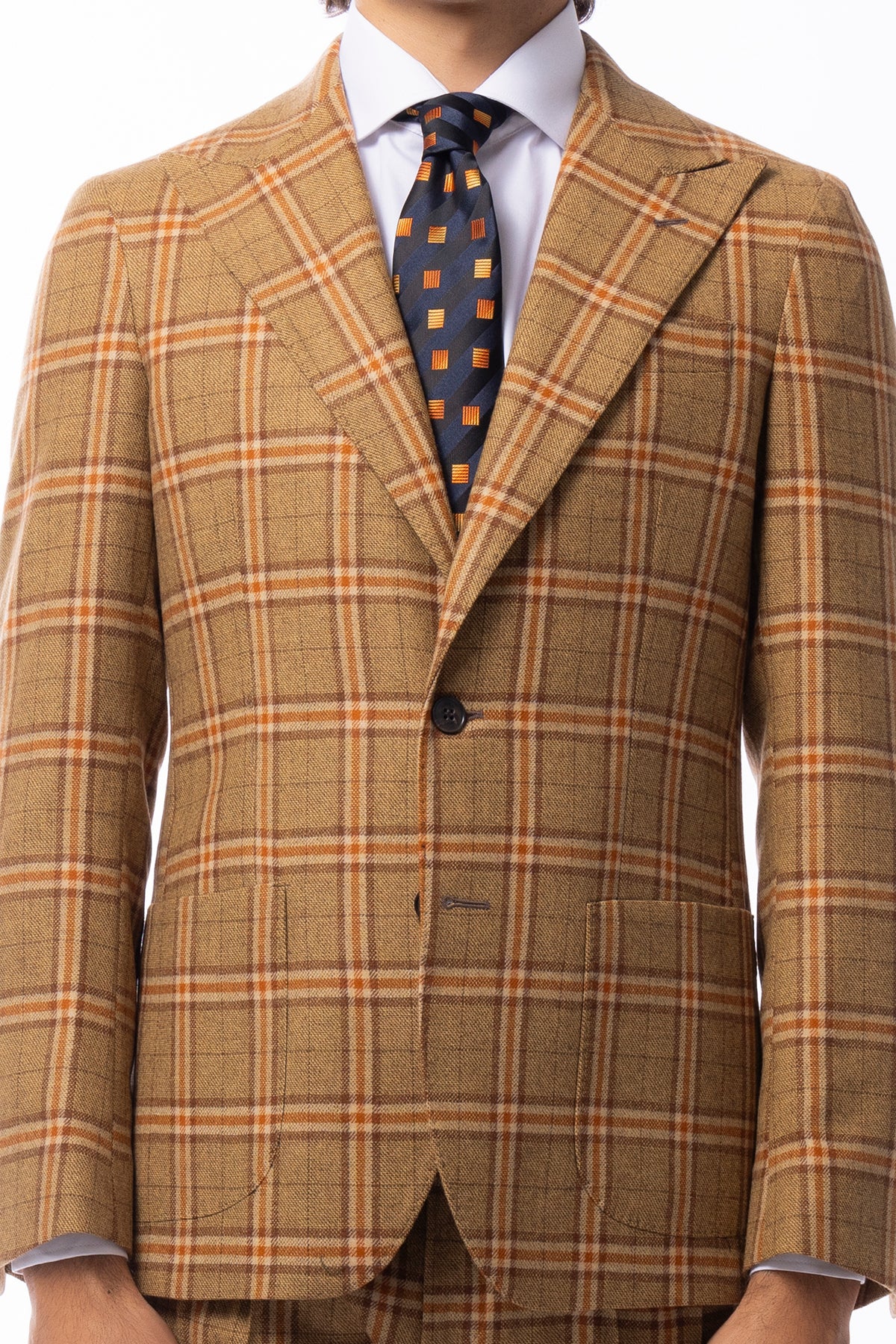 Giacca uomo monopetto senape a quadri in lana e cashmere Rever a lancia e tasche a toppe Vitale Barberis Canonico