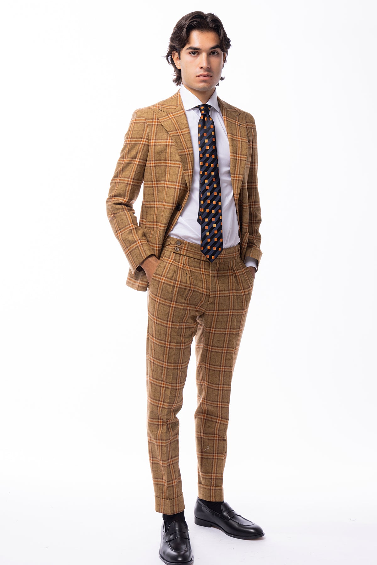 Giacca uomo monopetto senape a quadri in lana e cashmere Rever a lancia e tasche a toppe Vitale Barberis Canonico