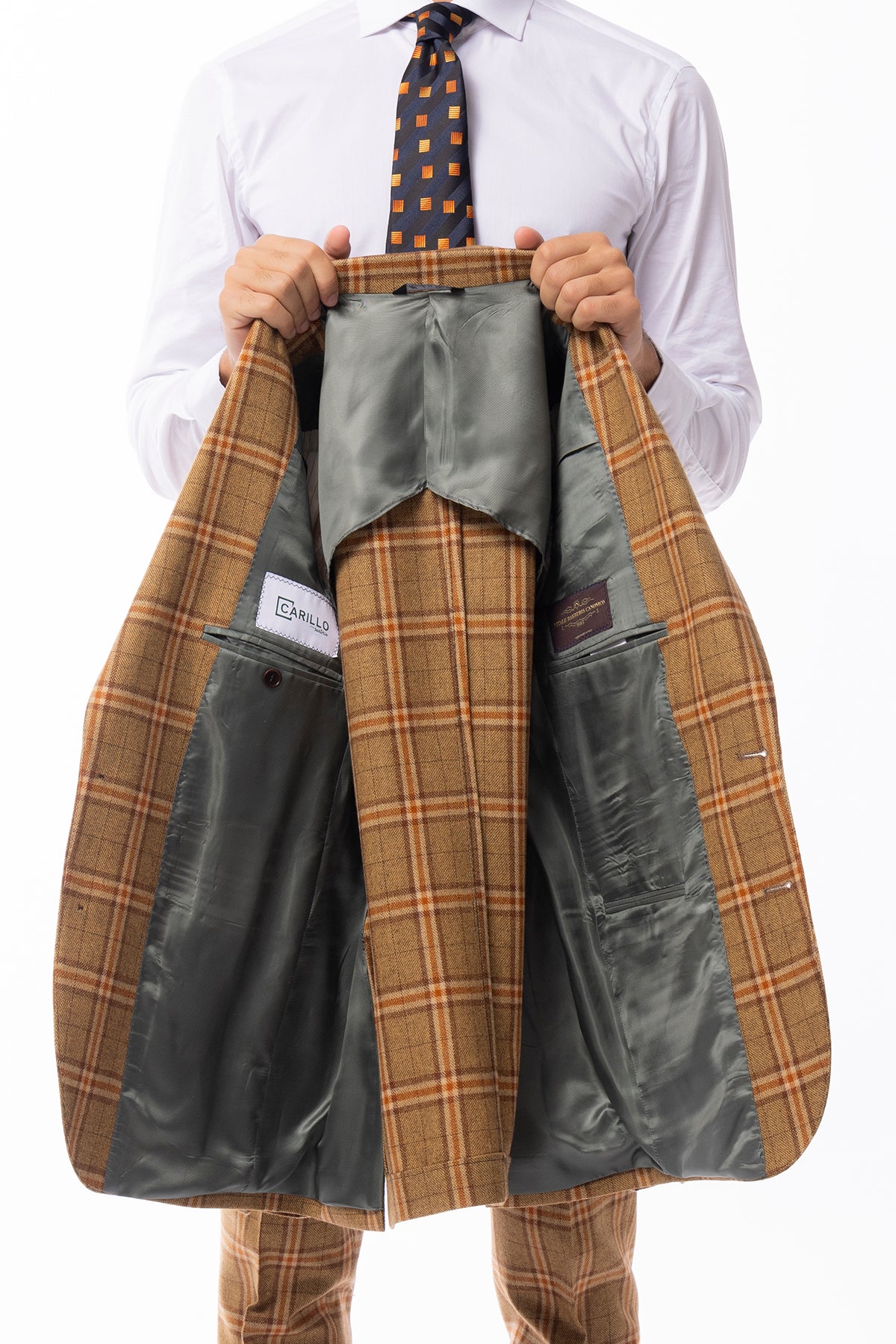 Giacca uomo monopetto senape a quadri in lana e cashmere Rever a lancia e tasche a toppe Vitale Barberis Canonico