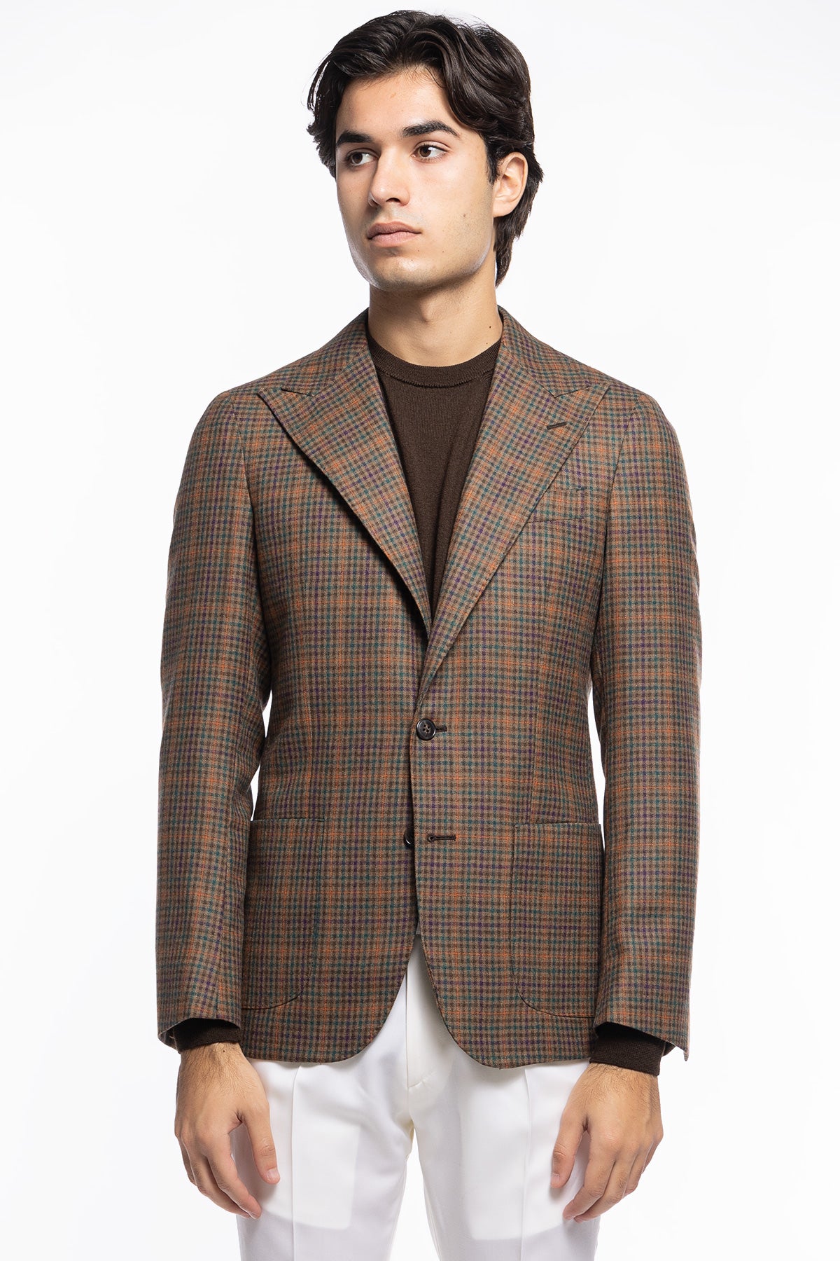 Giacca uomo monopetto fango a quadri 100% lana Rever a lancia e tasche a toppe Holland & Sherry