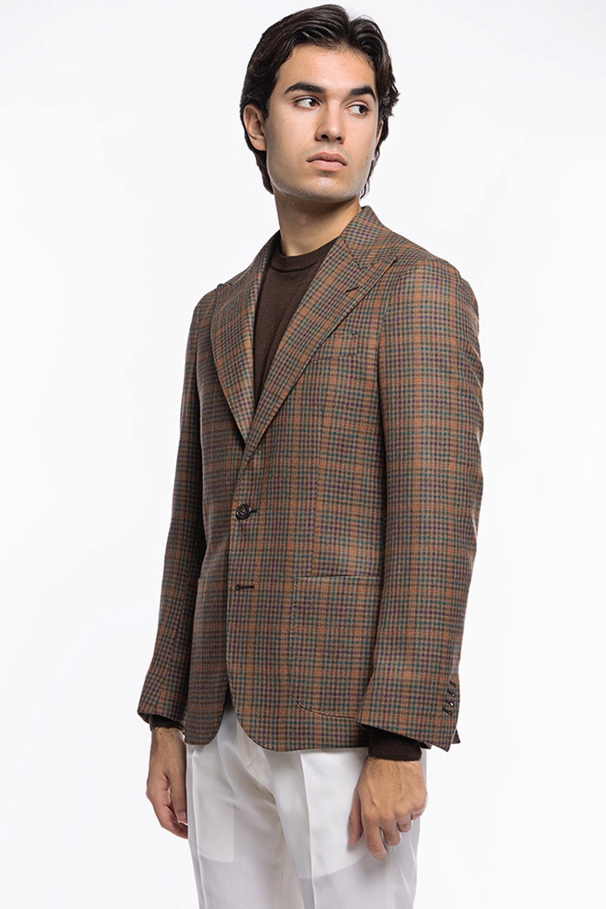 Giacca uomo monopetto fango a quadri 100% lana Rever a lancia e tasche a toppe Holland & Sherry