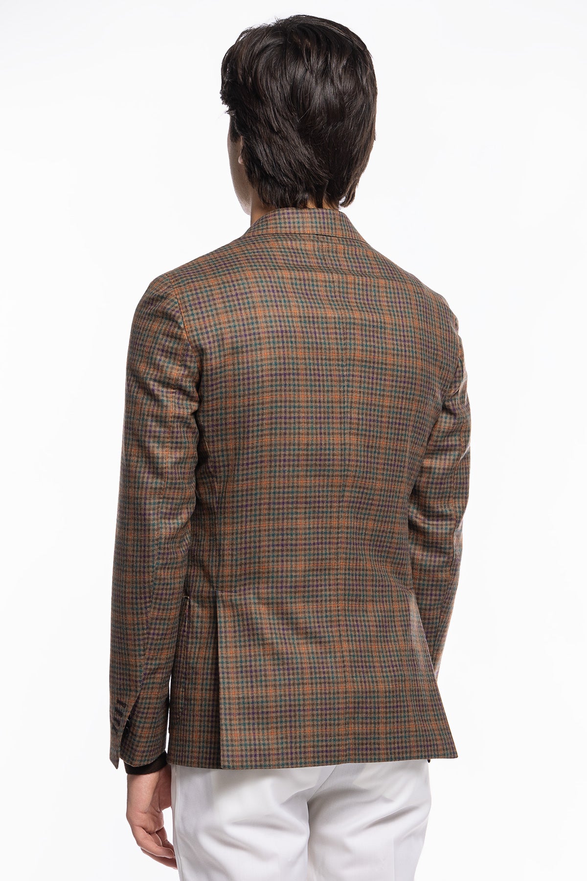 Giacca uomo monopetto fango a quadri 100% lana Rever a lancia e tasche a toppe Holland & Sherry