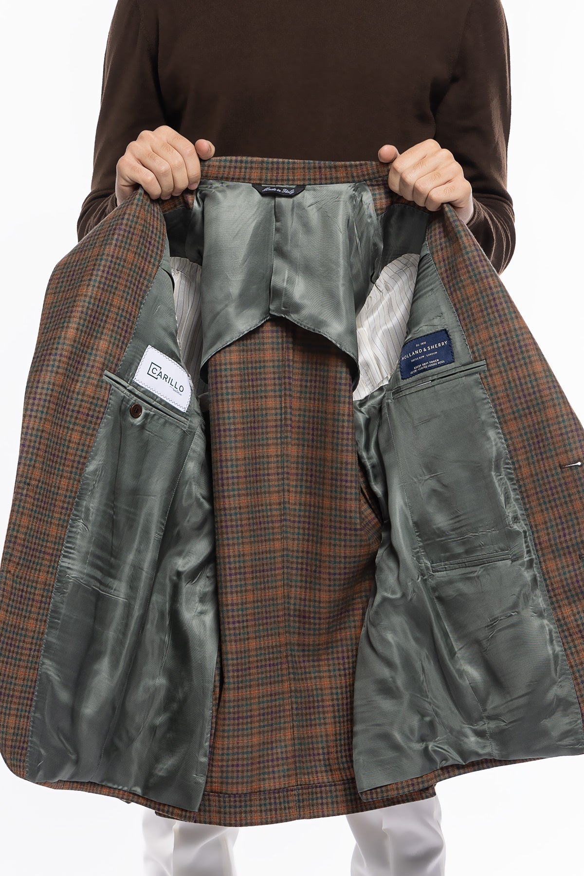 Giacca uomo monopetto fango a quadri 100% lana Rever a lancia e tasche a toppe Holland & Sherry