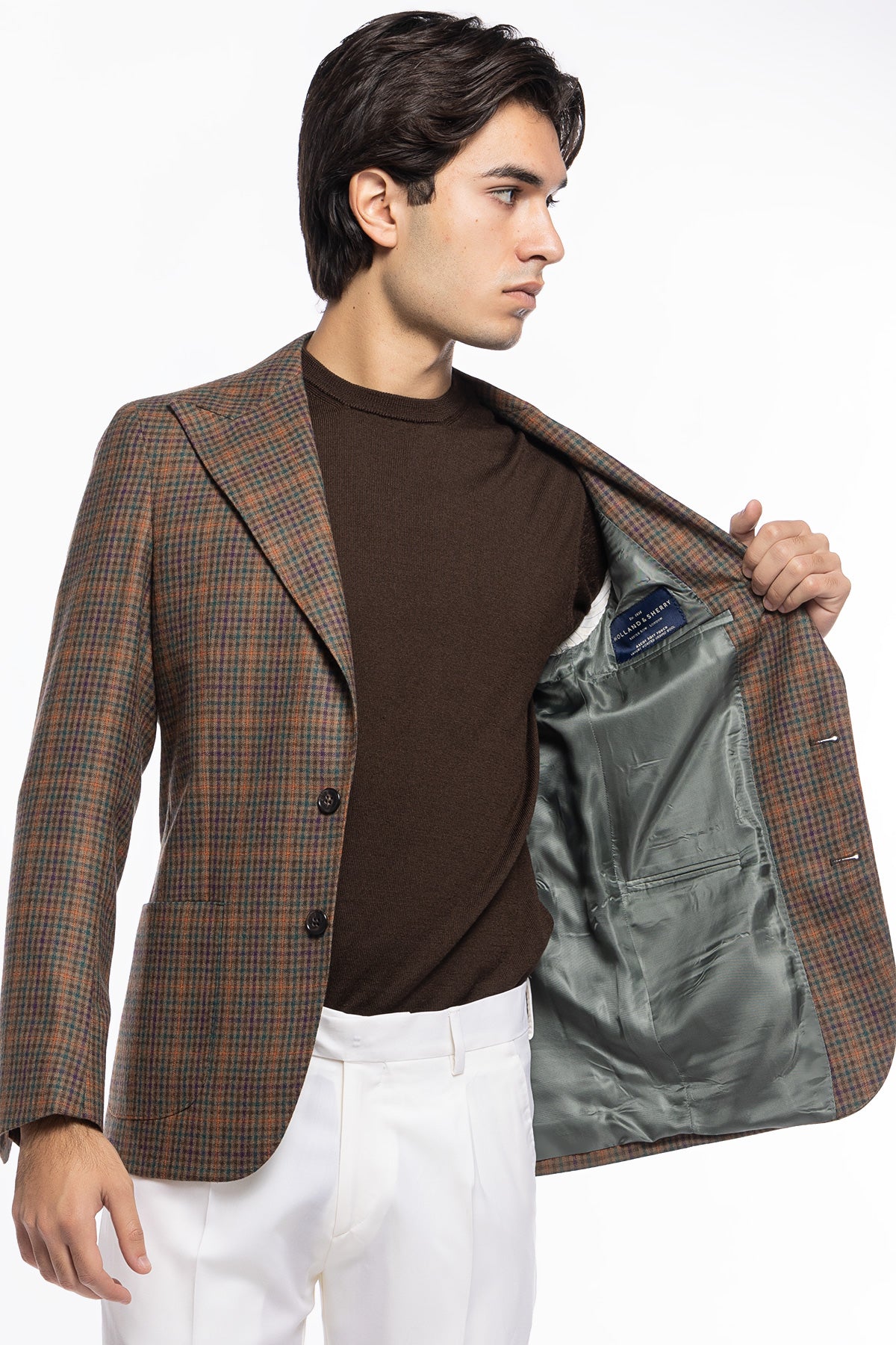 Giacca uomo monopetto fango a quadri 100% lana Rever a lancia e tasche a toppe Holland & Sherry