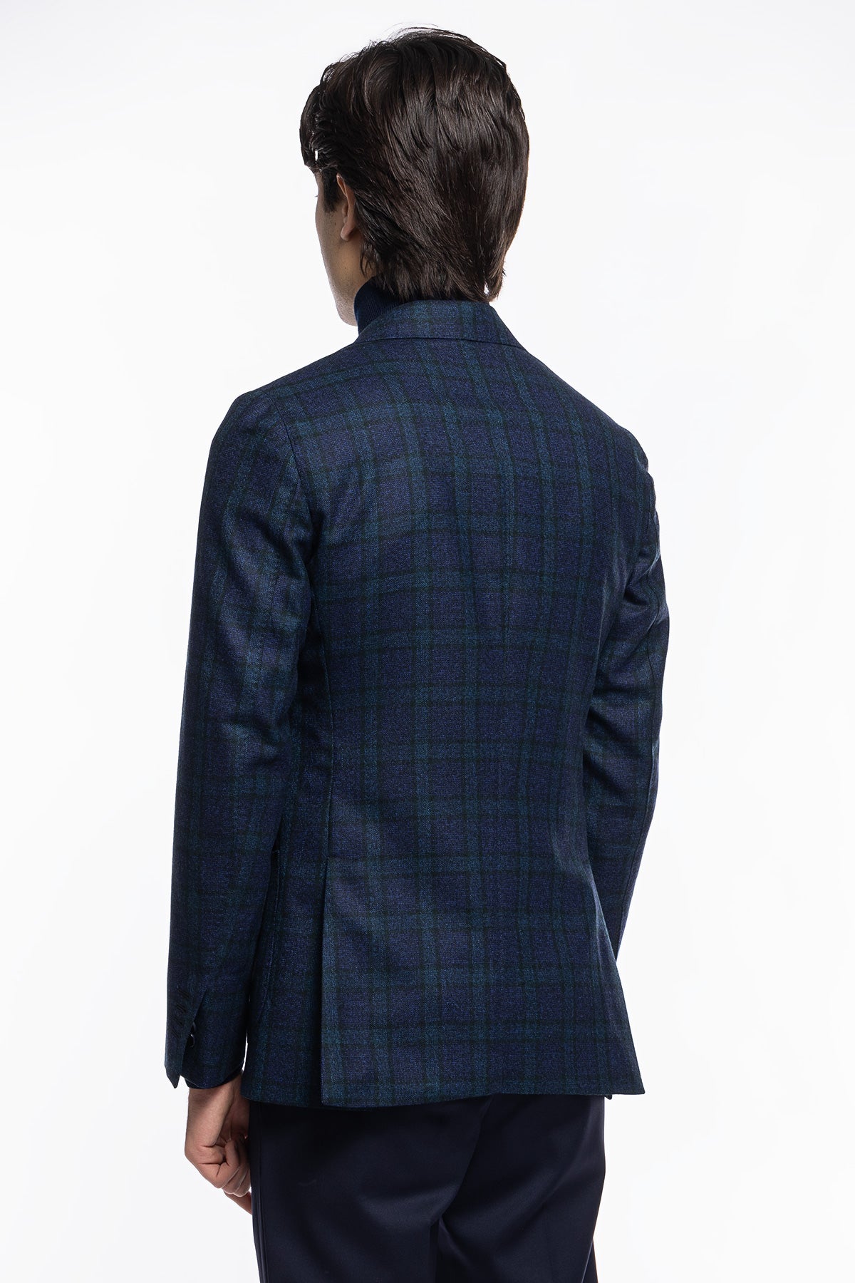Giacca uomo monopetto Blu a quadri 100% lana Rever a lancia e tasche a toppe Bristol Tessuti Napoli