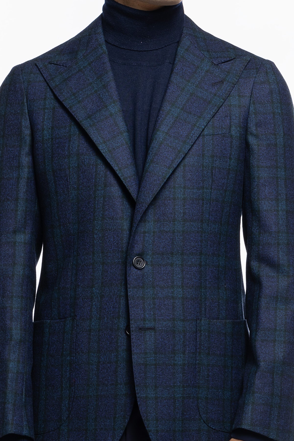 Giacca uomo monopetto Blu a quadri 100% lana Rever a lancia e tasche a toppe Bristol Tessuti Napoli