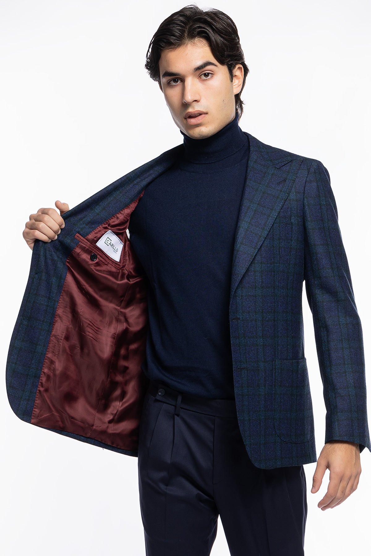 Giacca uomo monopetto Blu a quadri 100% lana Rever a lancia e tasche a toppe Bristol Tessuti Napoli