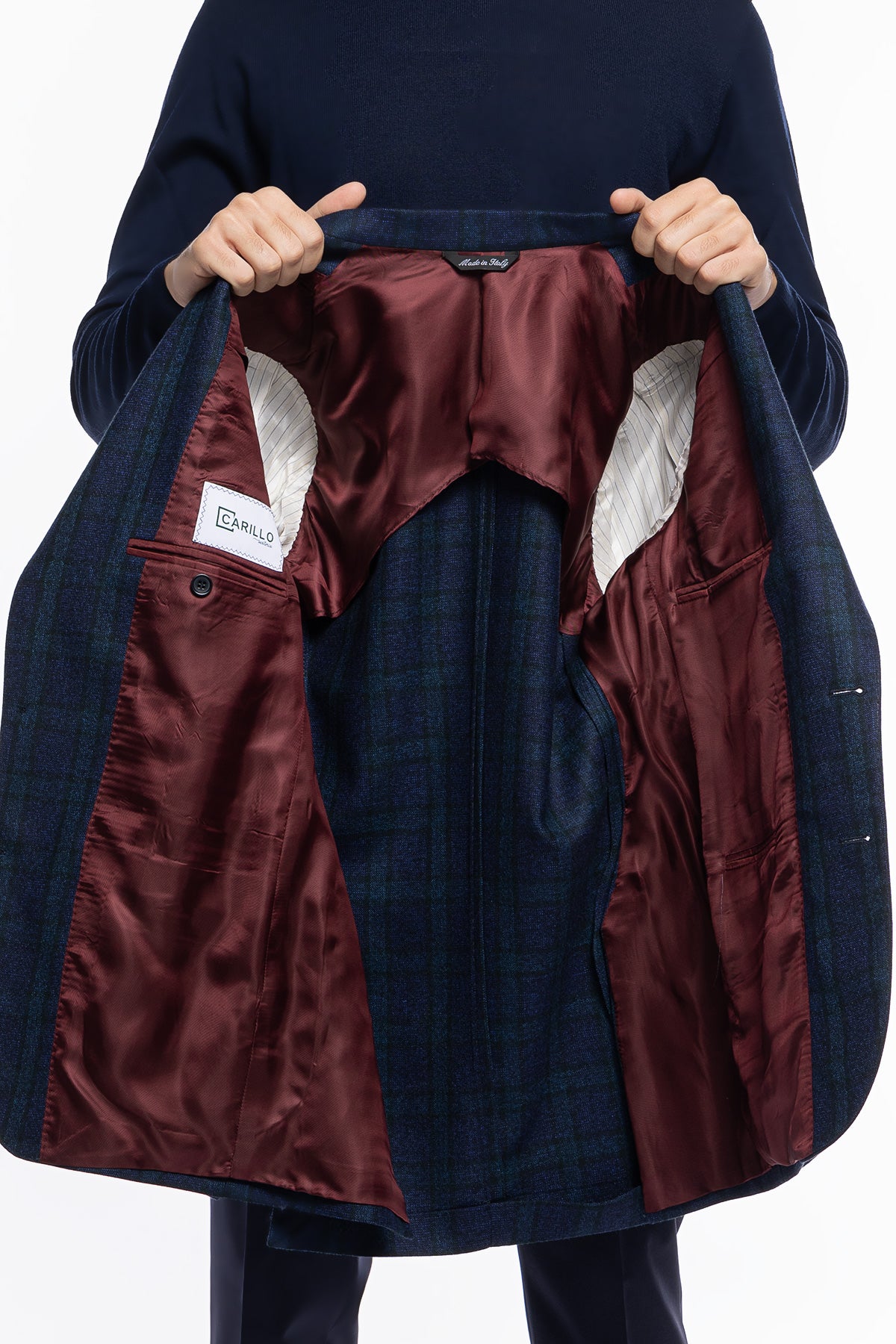 Giacca uomo monopetto Blu a quadri 100% lana Rever a lancia e tasche a toppe Bristol Tessuti Napoli