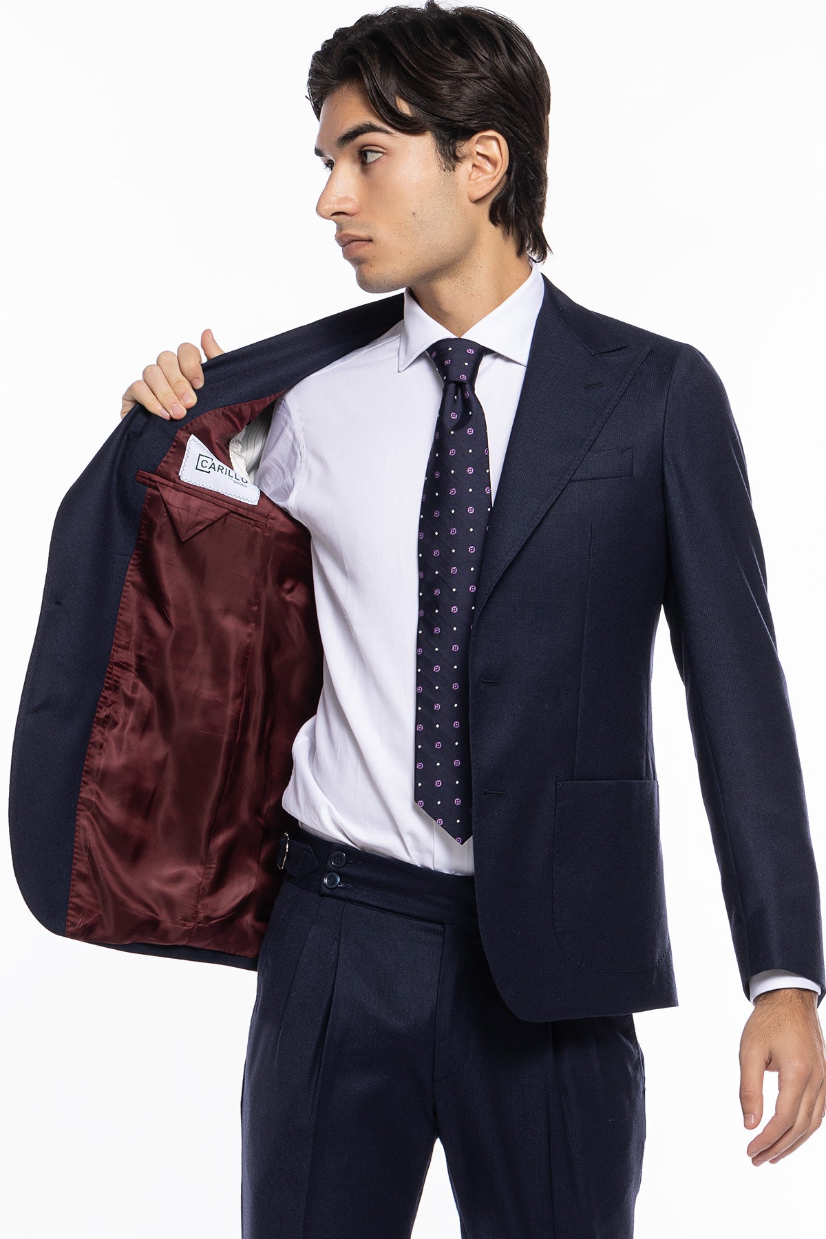 Giacca uomo monopetto Blu microfantasia 100% lana Rever a lancia e tasche a toppe Bristol Tessuti Napoli