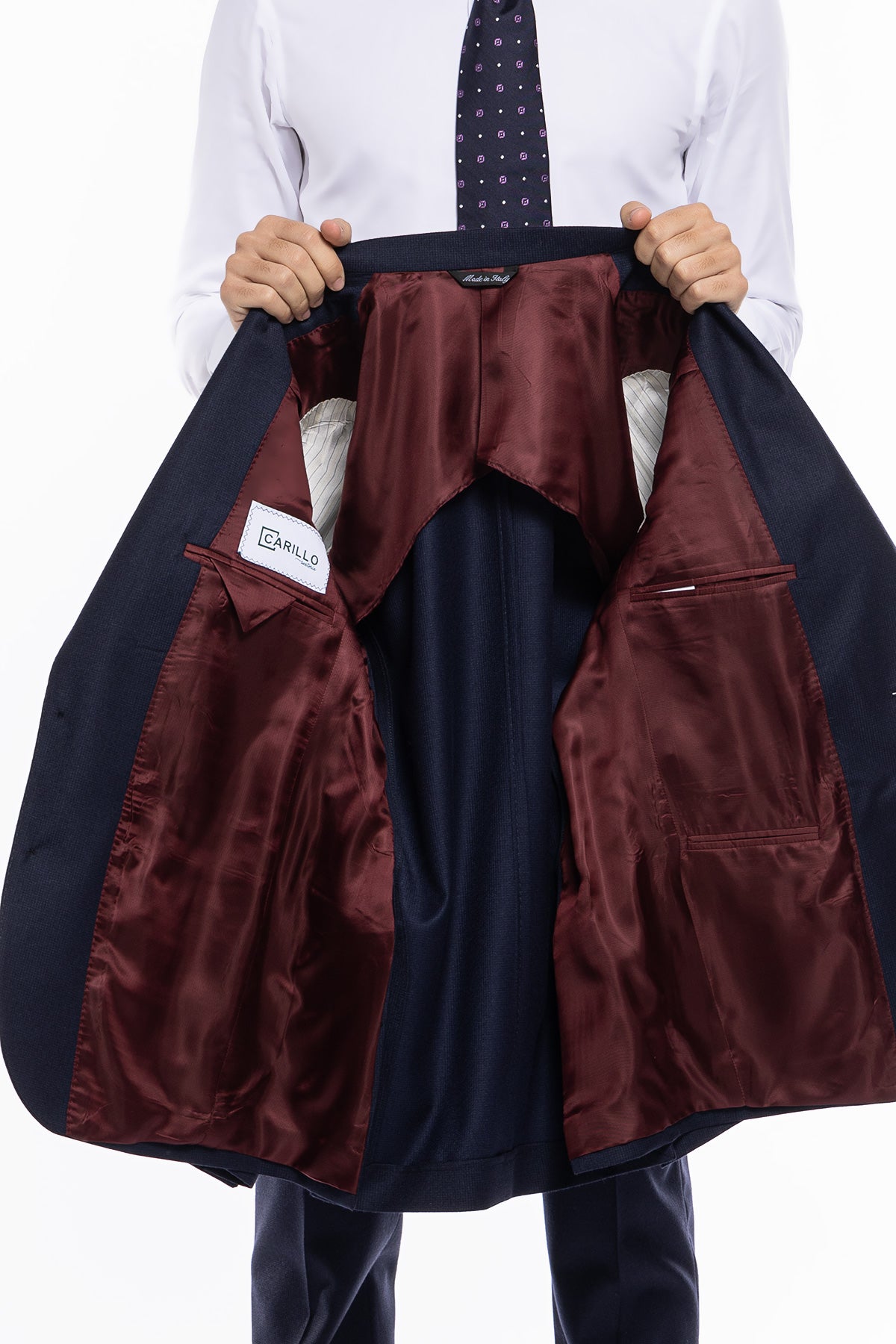 Giacca uomo monopetto Blu microfantasia 100% lana Rever a lancia e tasche a toppe Bristol Tessuti Napoli
