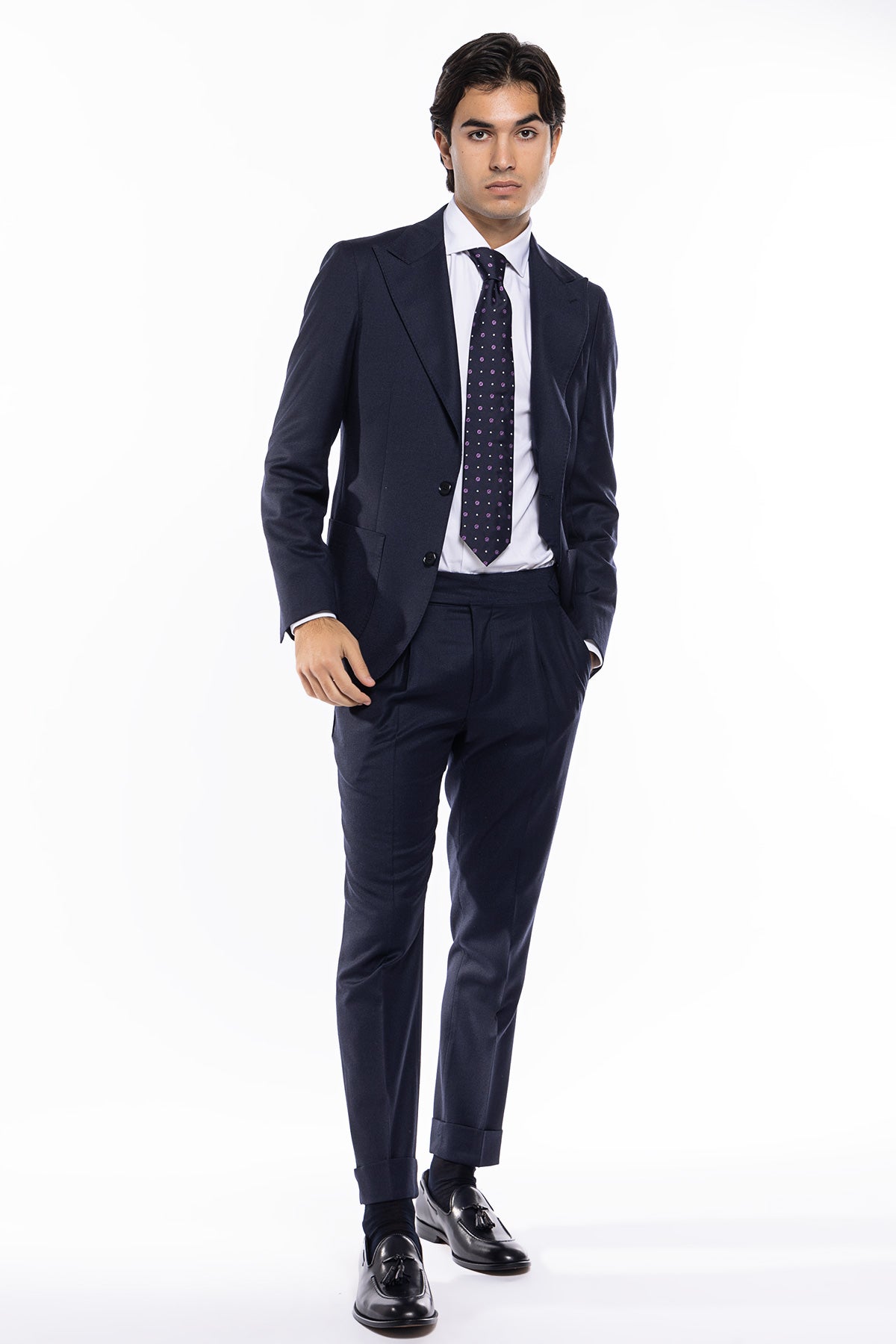 Giacca uomo monopetto Blu microfantasia 100% lana Rever a lancia e tasche a toppe Bristol Tessuti Napoli