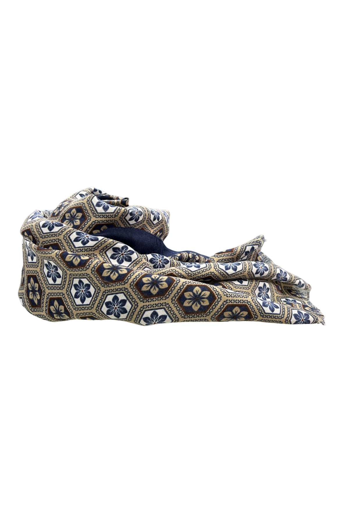 Sciarpa uomo invernale beige fantasia fiori blu e beige in lana