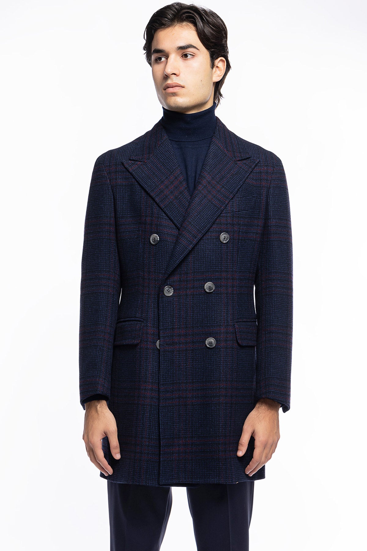 Cappotto uomo blu fantasia galles doppiopetto in pura lana Vitale Barberis Canonico rever 13cm con martingala