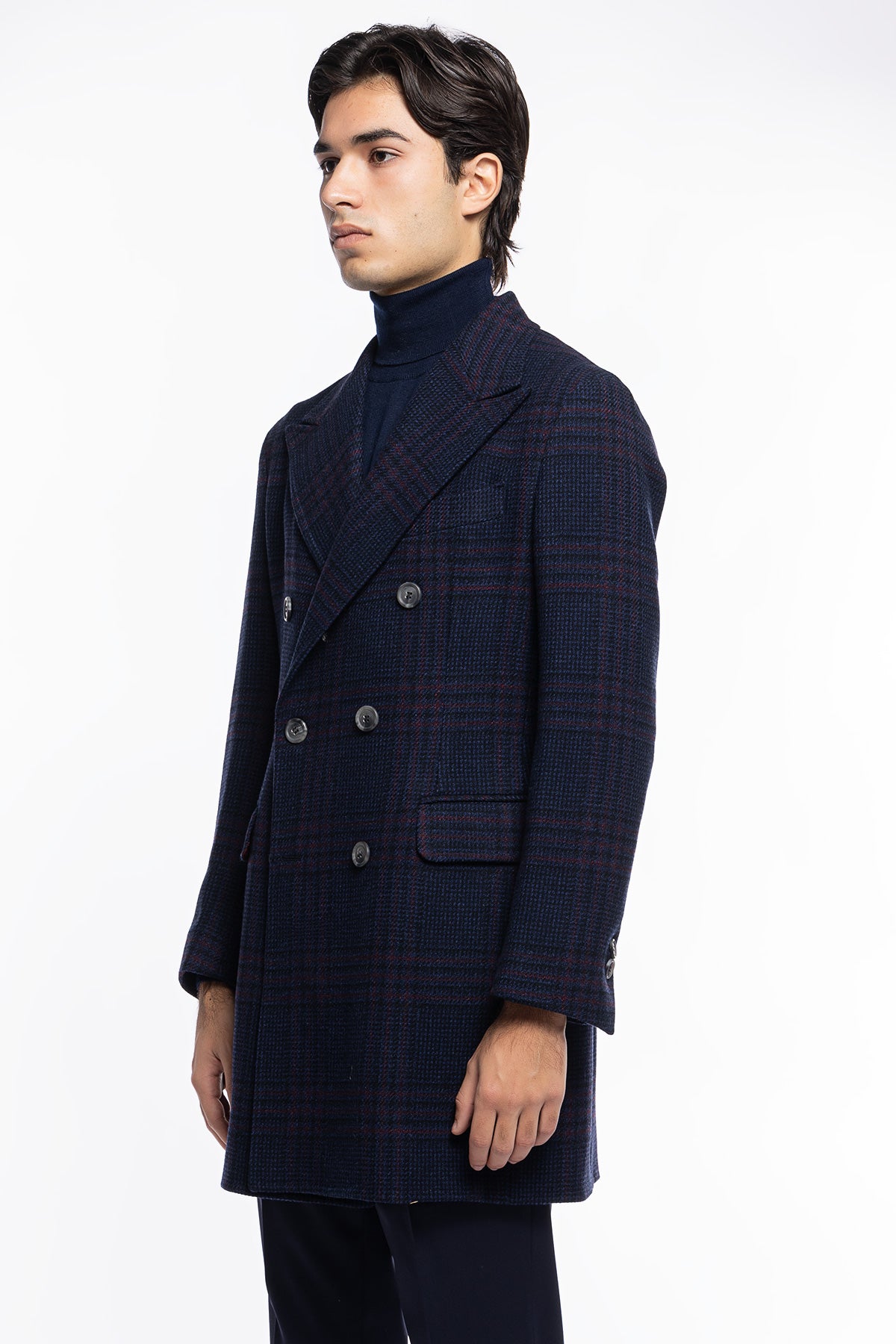 Cappotto uomo blu fantasia galles doppiopetto in pura lana Vitale Barberis Canonico rever 13cm con martingala