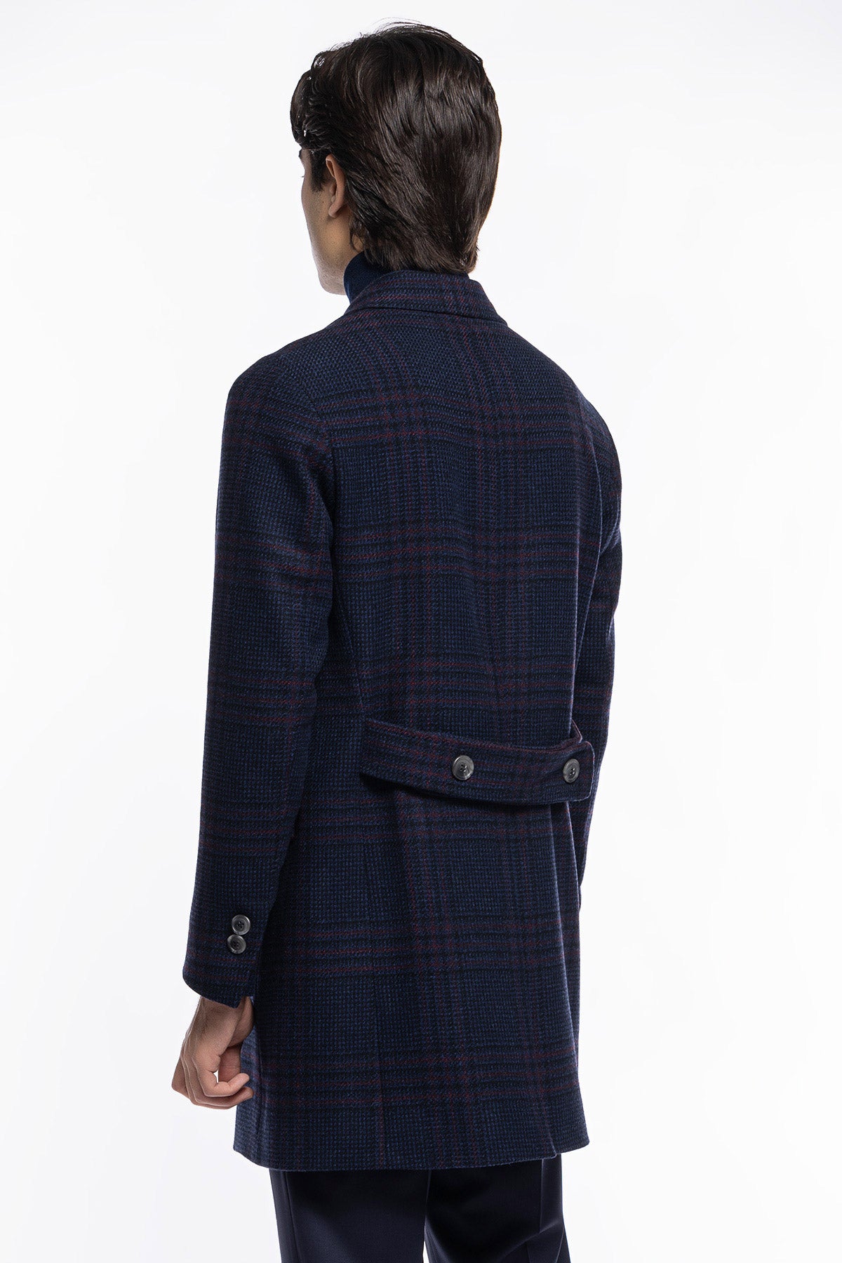 Cappotto uomo blu fantasia galles doppiopetto in pura lana Vitale Barberis Canonico rever 13cm con martingala