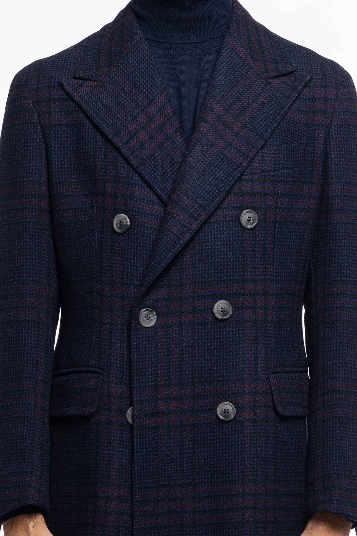 Cappotto uomo blu fantasia galles doppiopetto in pura lana Vitale Barberis Canonico rever 13cm con martingala
