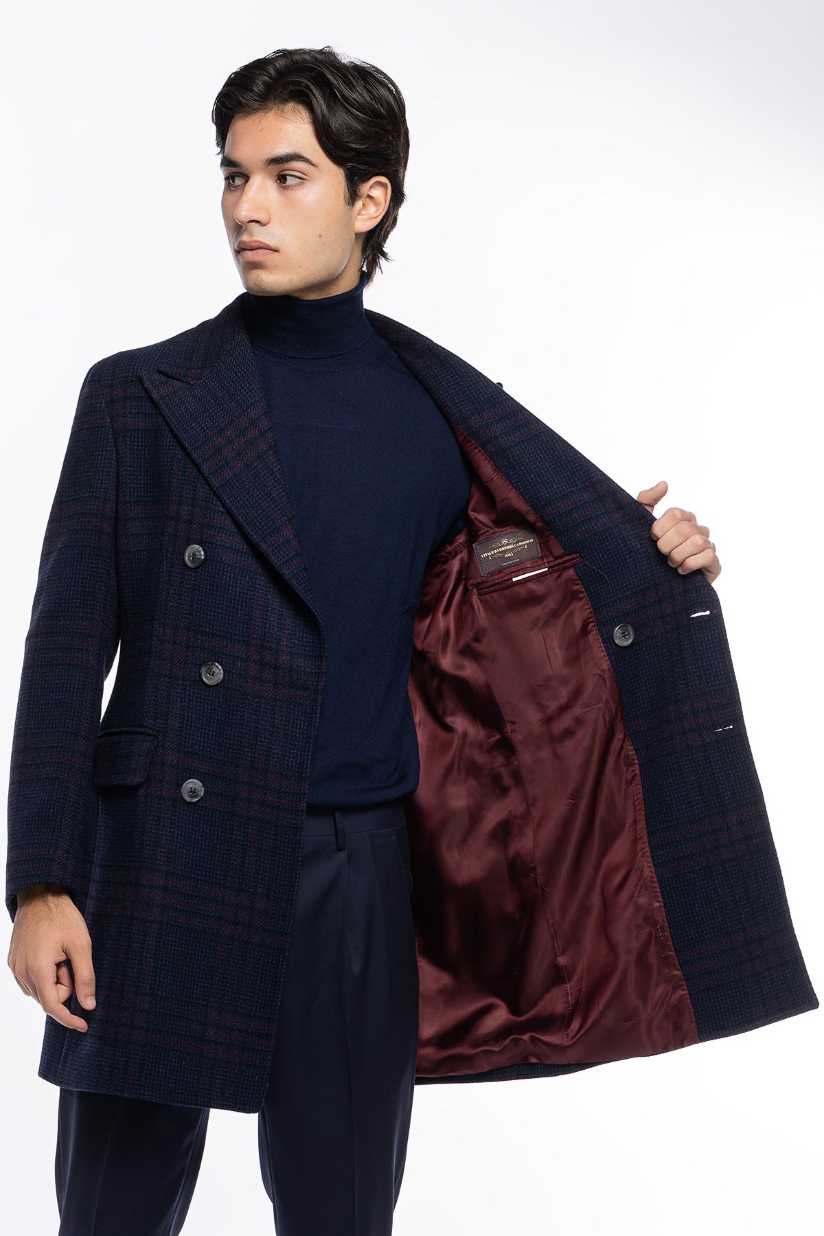 Cappotto uomo blu fantasia galles doppiopetto in pura lana Vitale Barberis Canonico rever 13cm con martingala