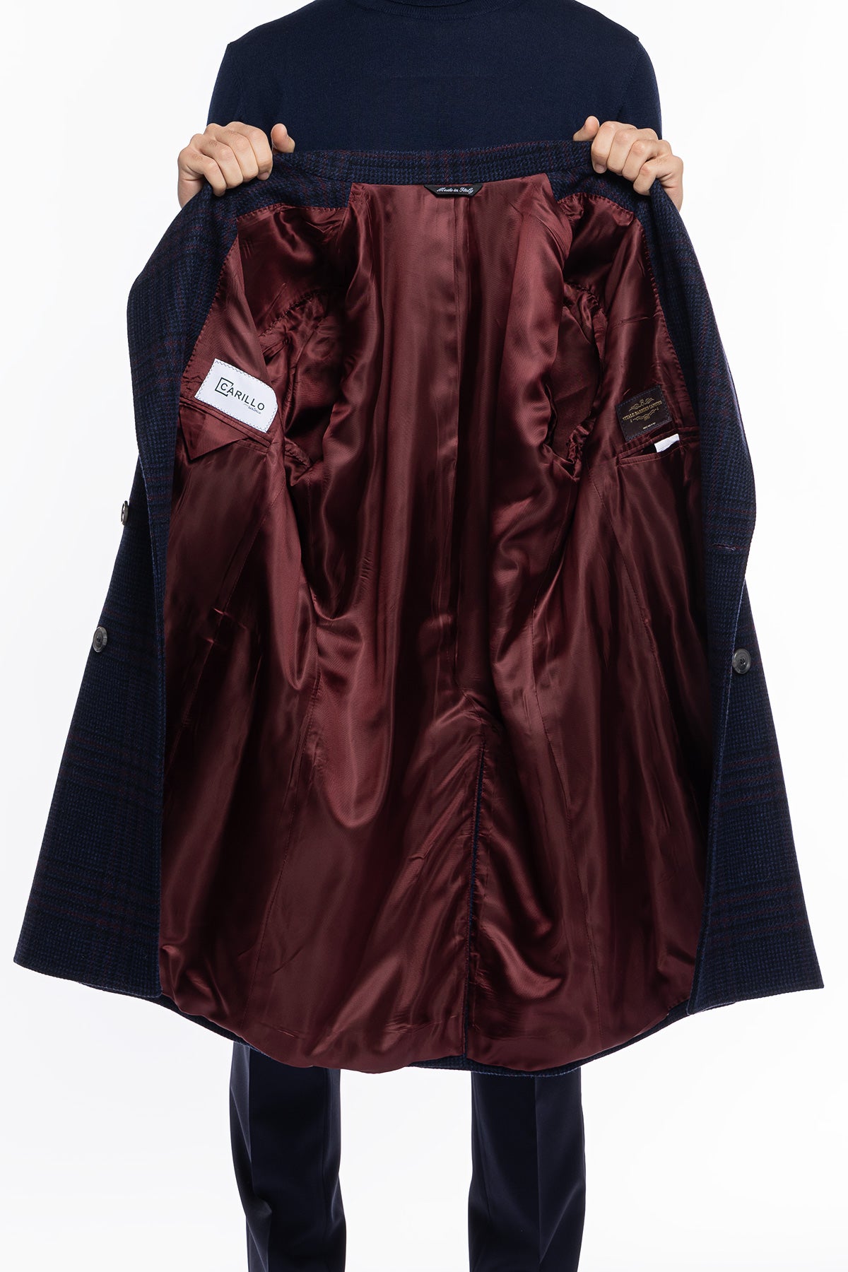 Cappotto uomo blu fantasia galles doppiopetto in pura lana Vitale Barberis Canonico rever 13cm con martingala