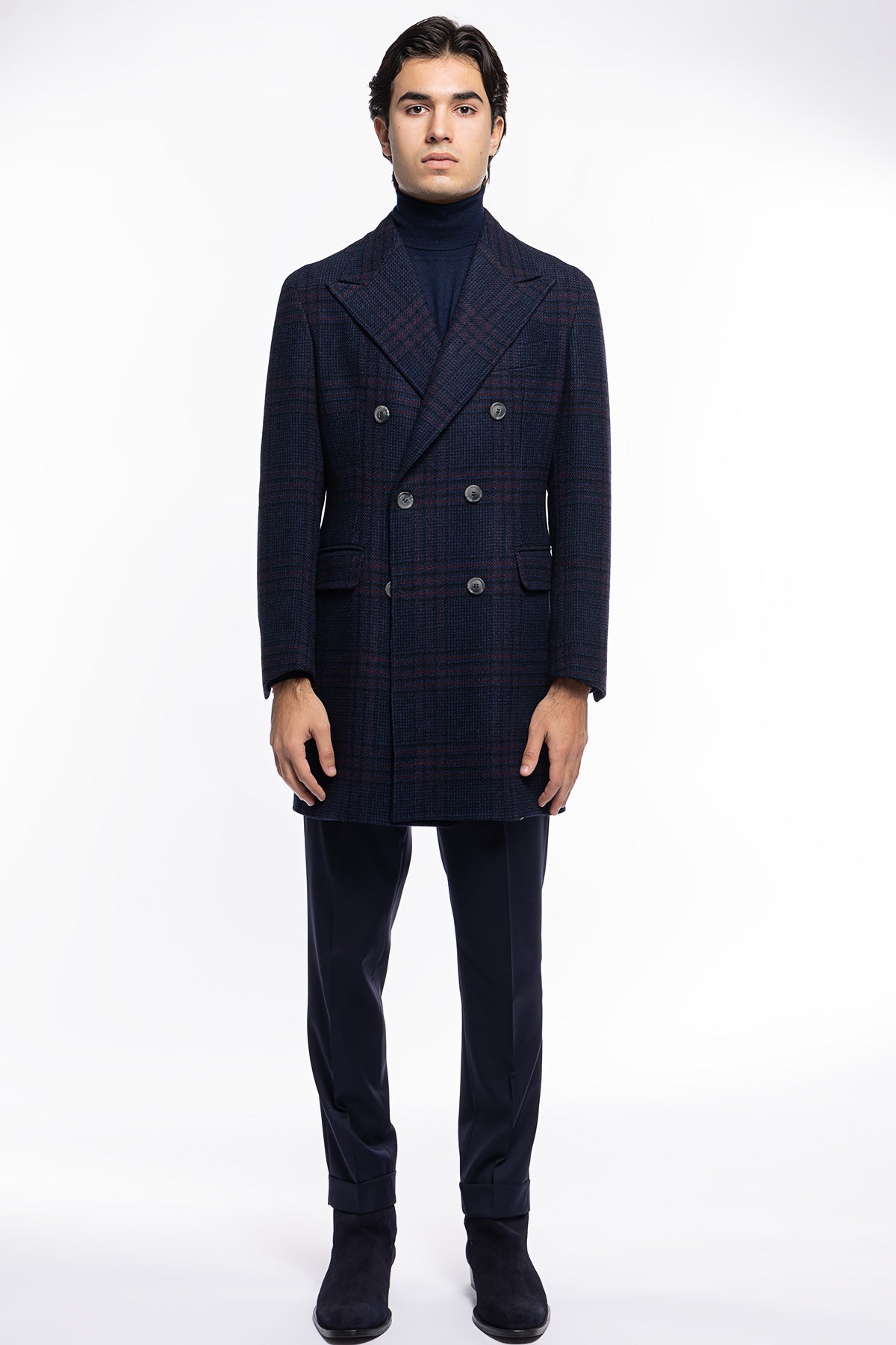Cappotto uomo blu fantasia galles doppiopetto in pura lana Vitale Barberis Canonico rever 13cm con martingala