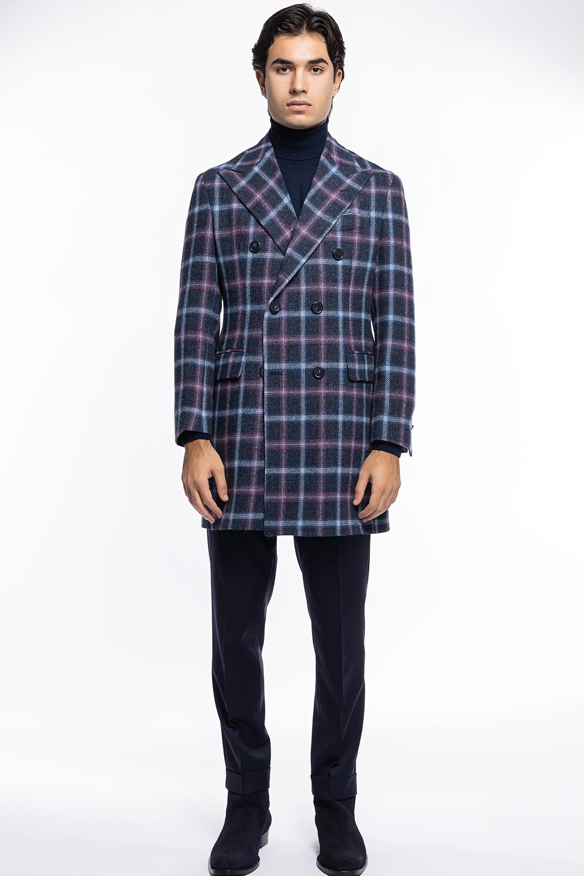 Cappotto uomo blu fantasia quadri doppiopetto in pura lana Holland &amp; Sherry rever 13cm con martingala