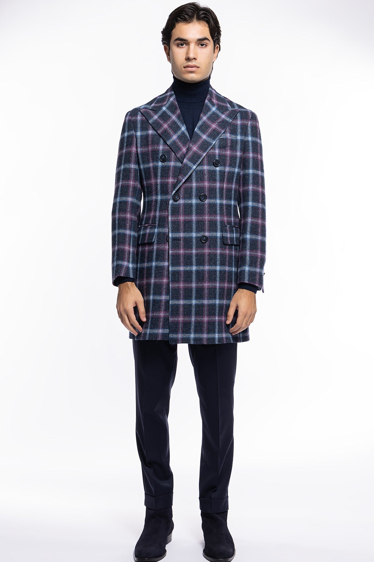 Cappotto uomo blu fantasia quadri doppiopetto in pura lana Holland &amp; Sherry rever 13cm con martingala