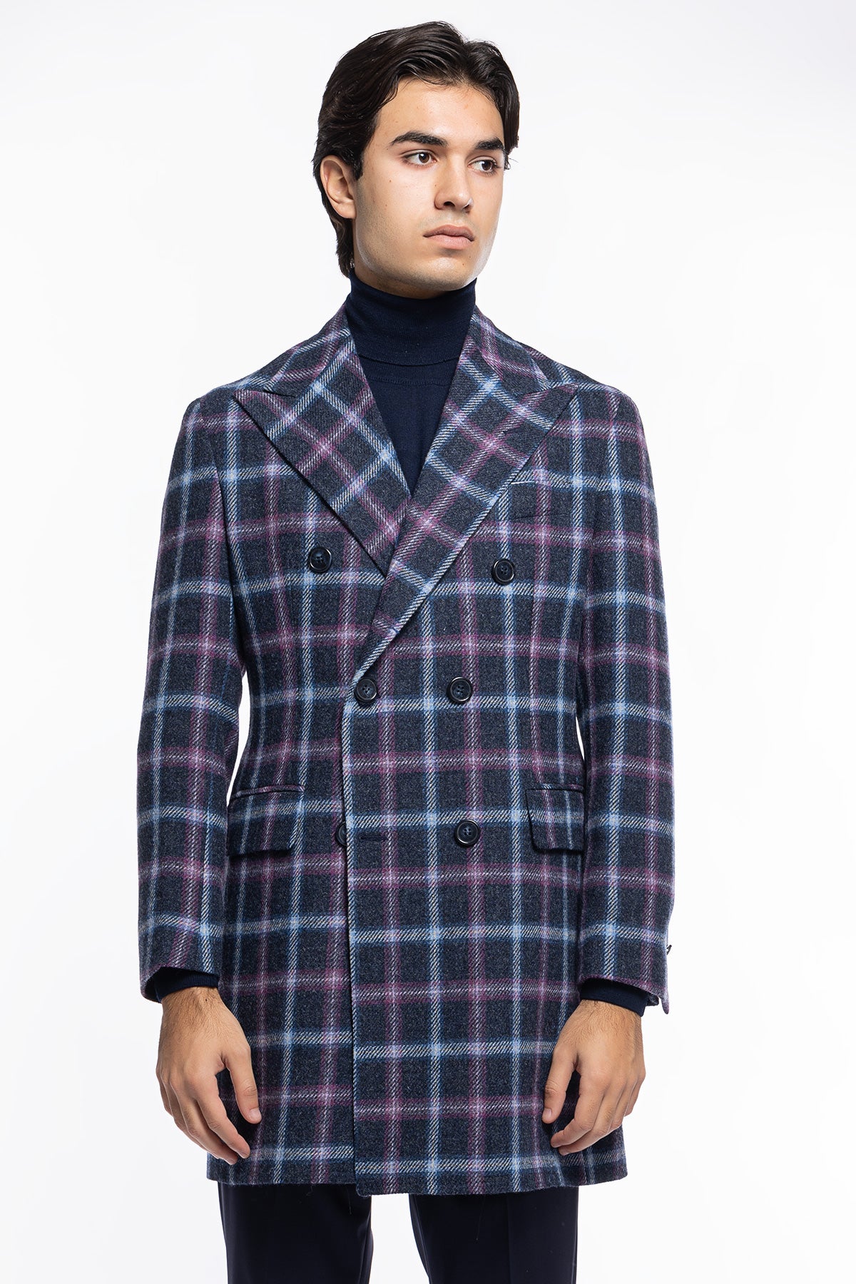 Cappotto uomo blu fantasia quadri doppiopetto in pura lana Holland &amp; Sherry rever 13cm con martingala