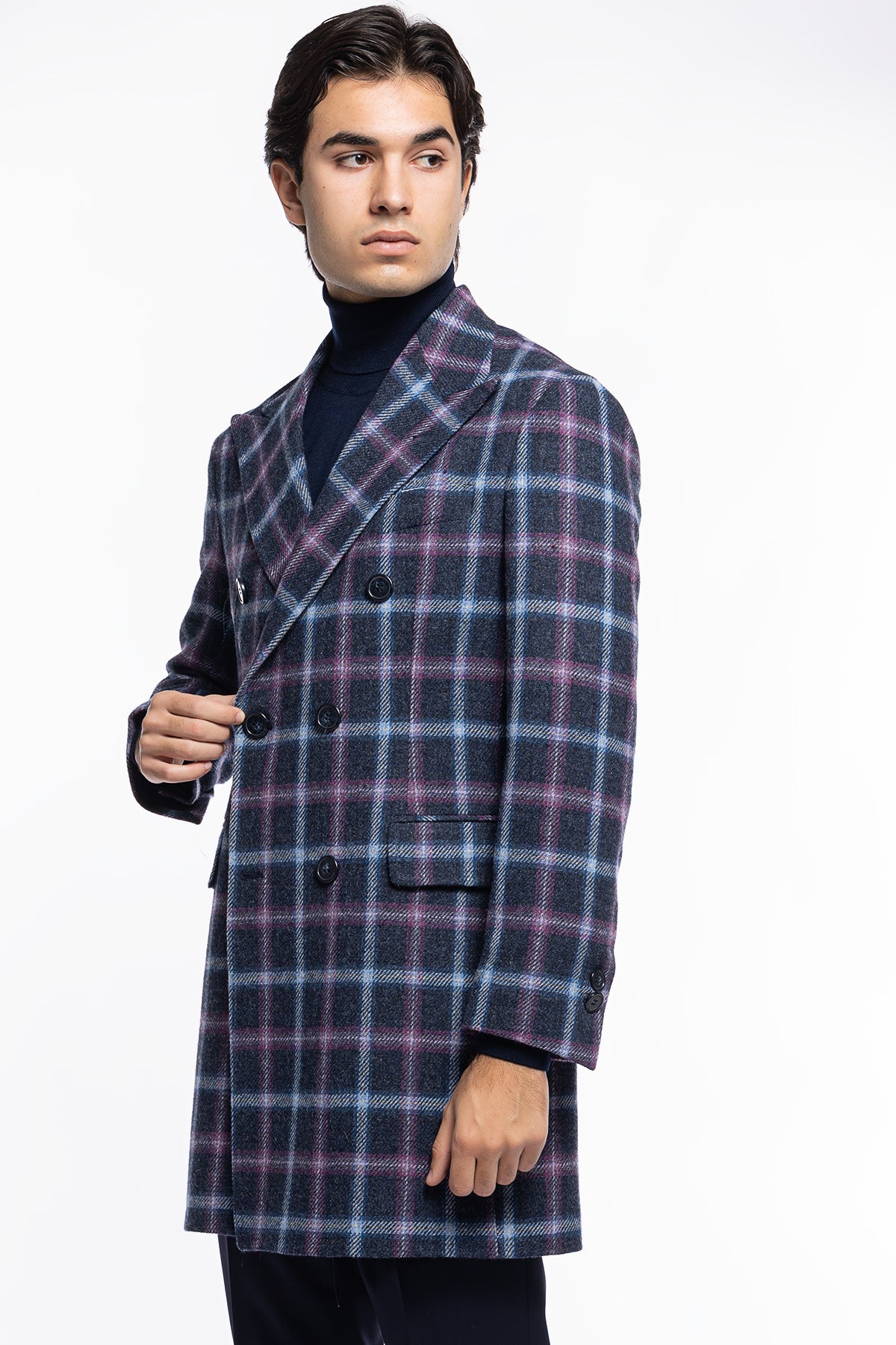 Cappotto uomo blu fantasia quadri doppiopetto in pura lana Holland & Sherry rever 13cm con martingala