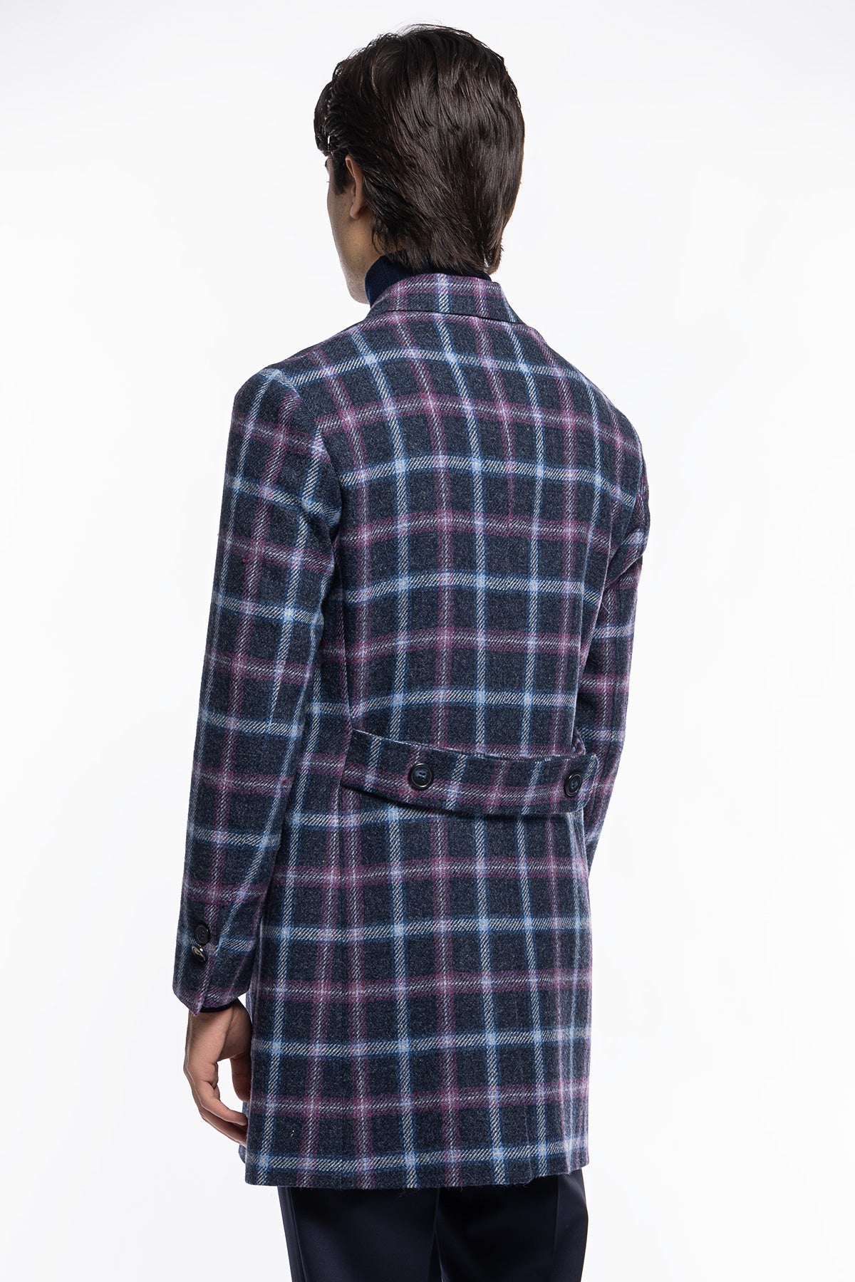 Cappotto uomo blu fantasia quadri doppiopetto in pura lana Holland & Sherry rever 13cm con martingala